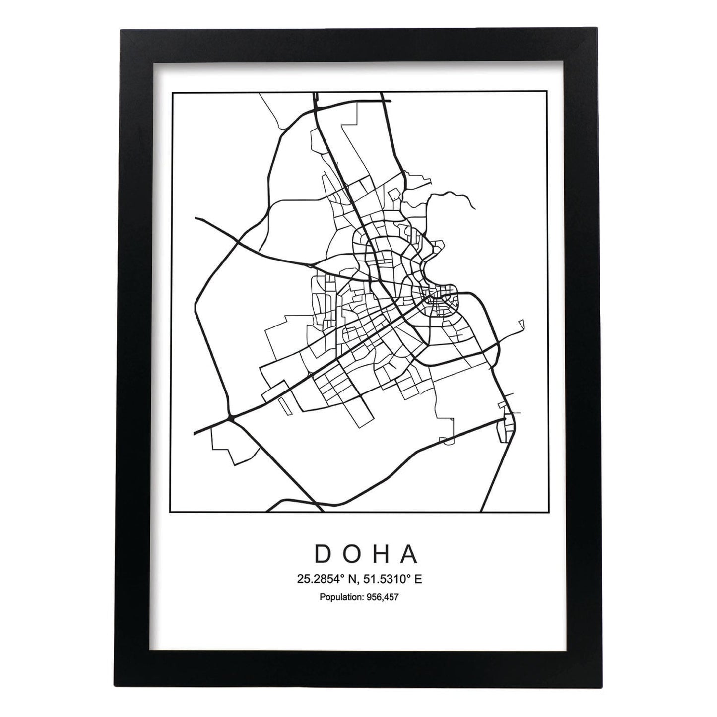 Lámina mapa de la ciudad Doha estilo nordico en blanco y negro.-Artwork-Nacnic-A4-Marco Negro-Nacnic Estudio SL