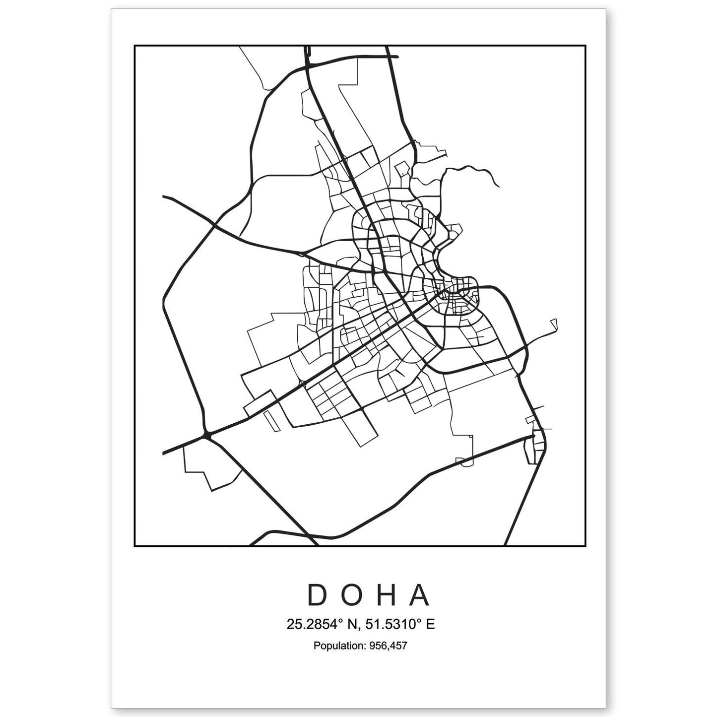 Lámina mapa de la ciudad Doha estilo nordico en blanco y negro.-Artwork-Nacnic-A4-Sin marco-Nacnic Estudio SL