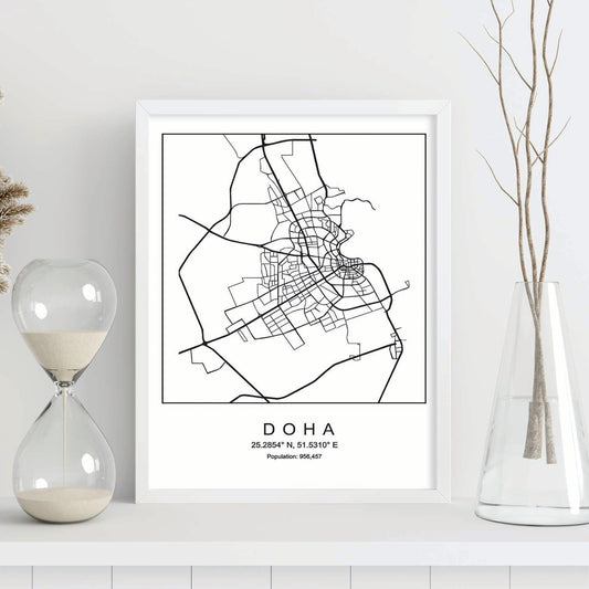 Lámina mapa de la ciudad Doha estilo nordico en blanco y negro.-Artwork-Nacnic-Nacnic Estudio SL