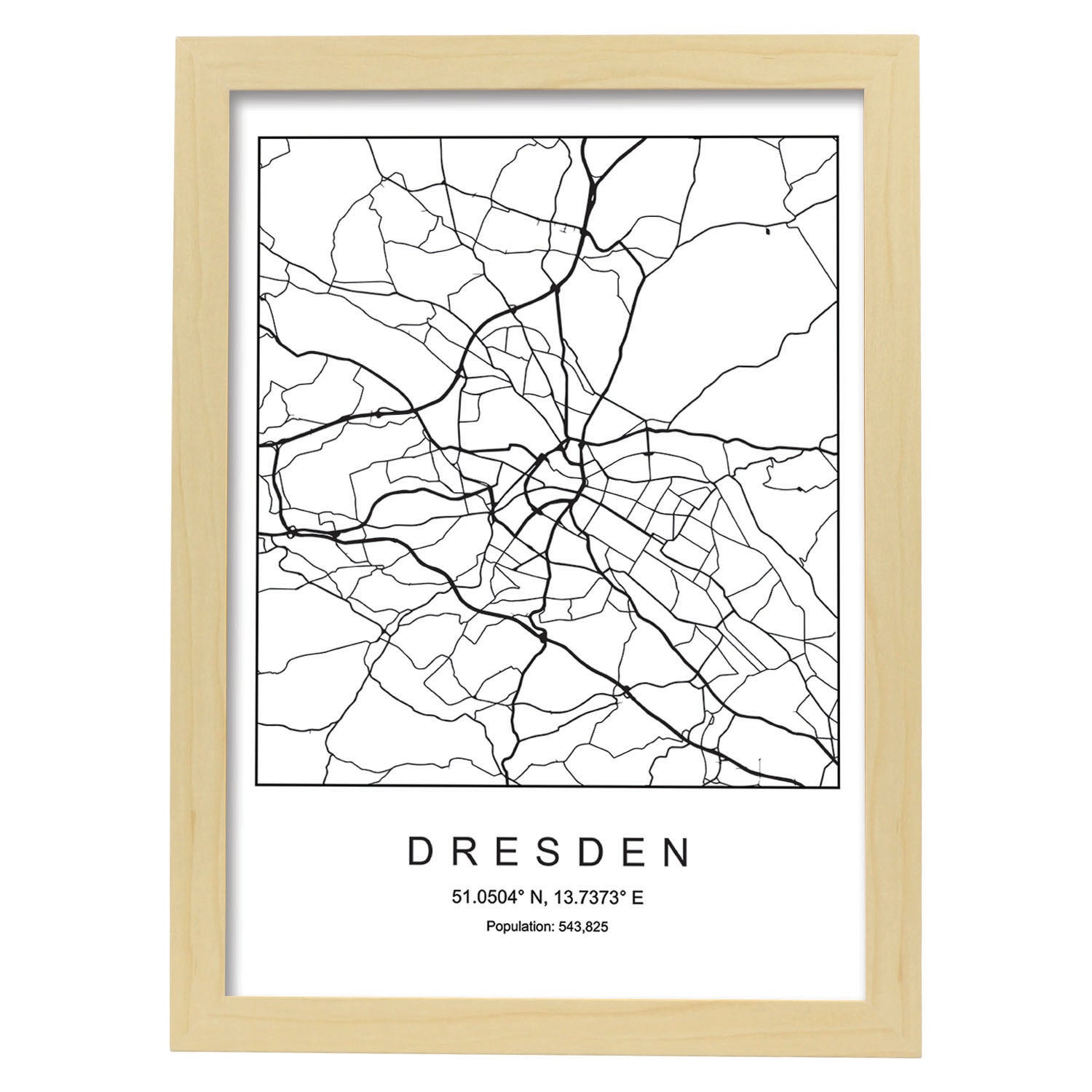 Lámina mapa de la ciudad Dresden estilo nordico en blanco y negro.-Artwork-Nacnic-A3-Marco Madera clara-Nacnic Estudio SL