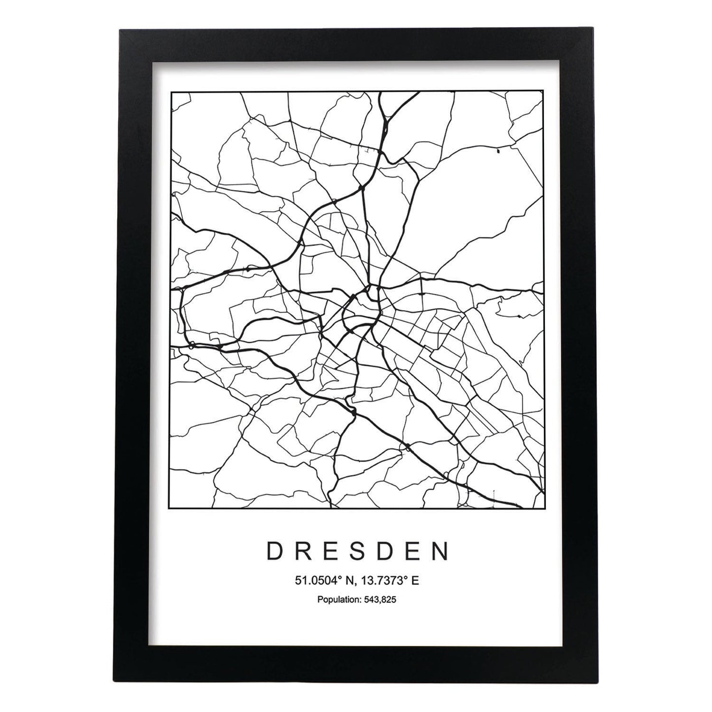 Lámina mapa de la ciudad Dresden estilo nordico en blanco y negro.-Artwork-Nacnic-A3-Marco Negro-Nacnic Estudio SL