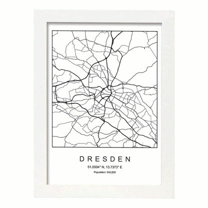 Lámina mapa de la ciudad Dresden estilo nordico en blanco y negro.-Artwork-Nacnic-A4-Marco Blanco-Nacnic Estudio SL