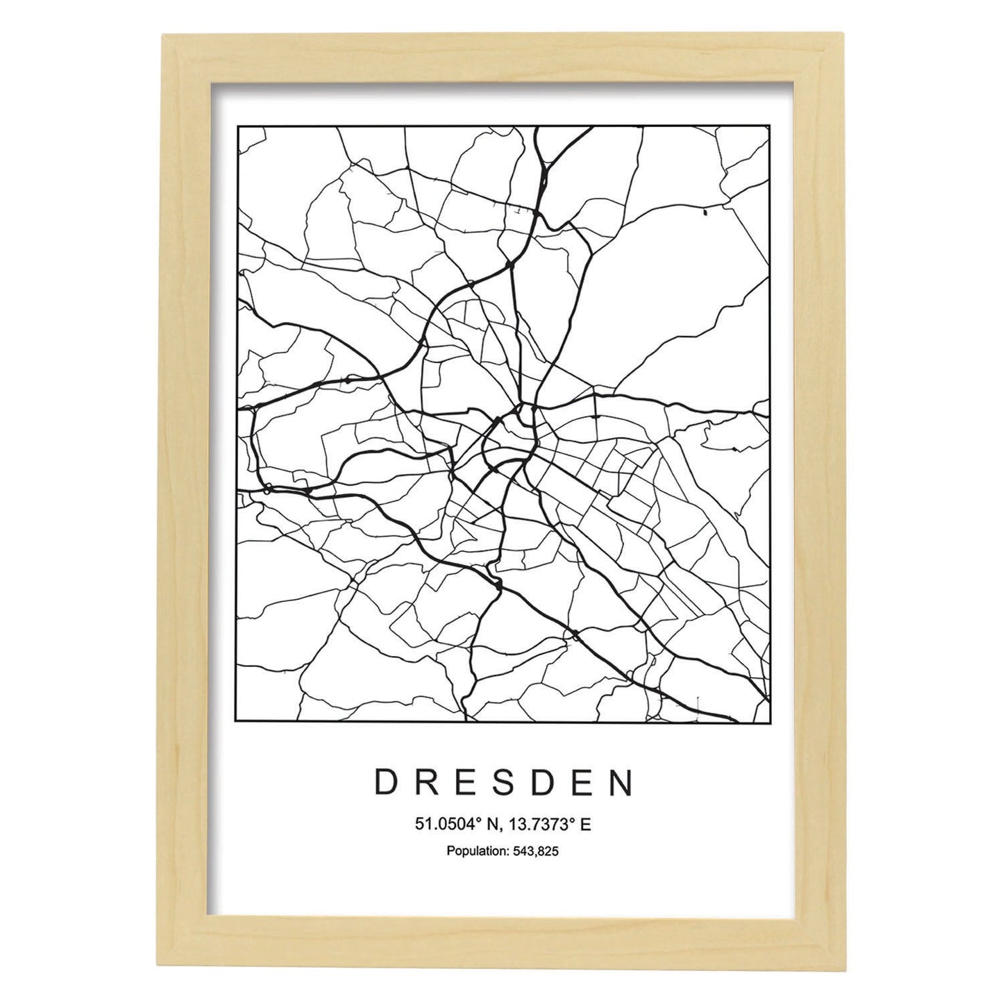 Lámina mapa de la ciudad Dresden estilo nordico en blanco y negro.-Artwork-Nacnic-A4-Marco Madera clara-Nacnic Estudio SL