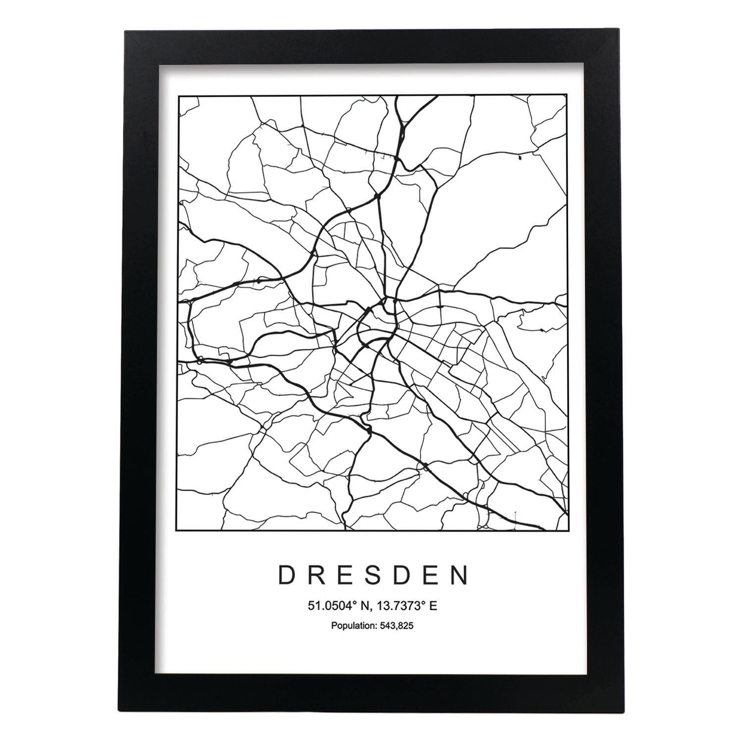 Lámina mapa de la ciudad Dresden estilo nordico en blanco y negro.-Artwork-Nacnic-A4-Marco Negro-Nacnic Estudio SL