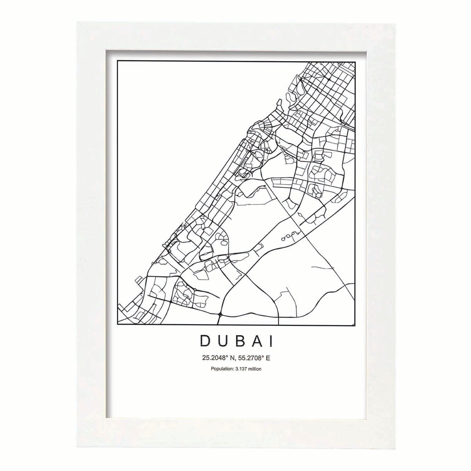 Lámina mapa de la ciudad Dubai estilo nordico en blanco y negro.-Artwork-Nacnic-A3-Marco Blanco-Nacnic Estudio SL