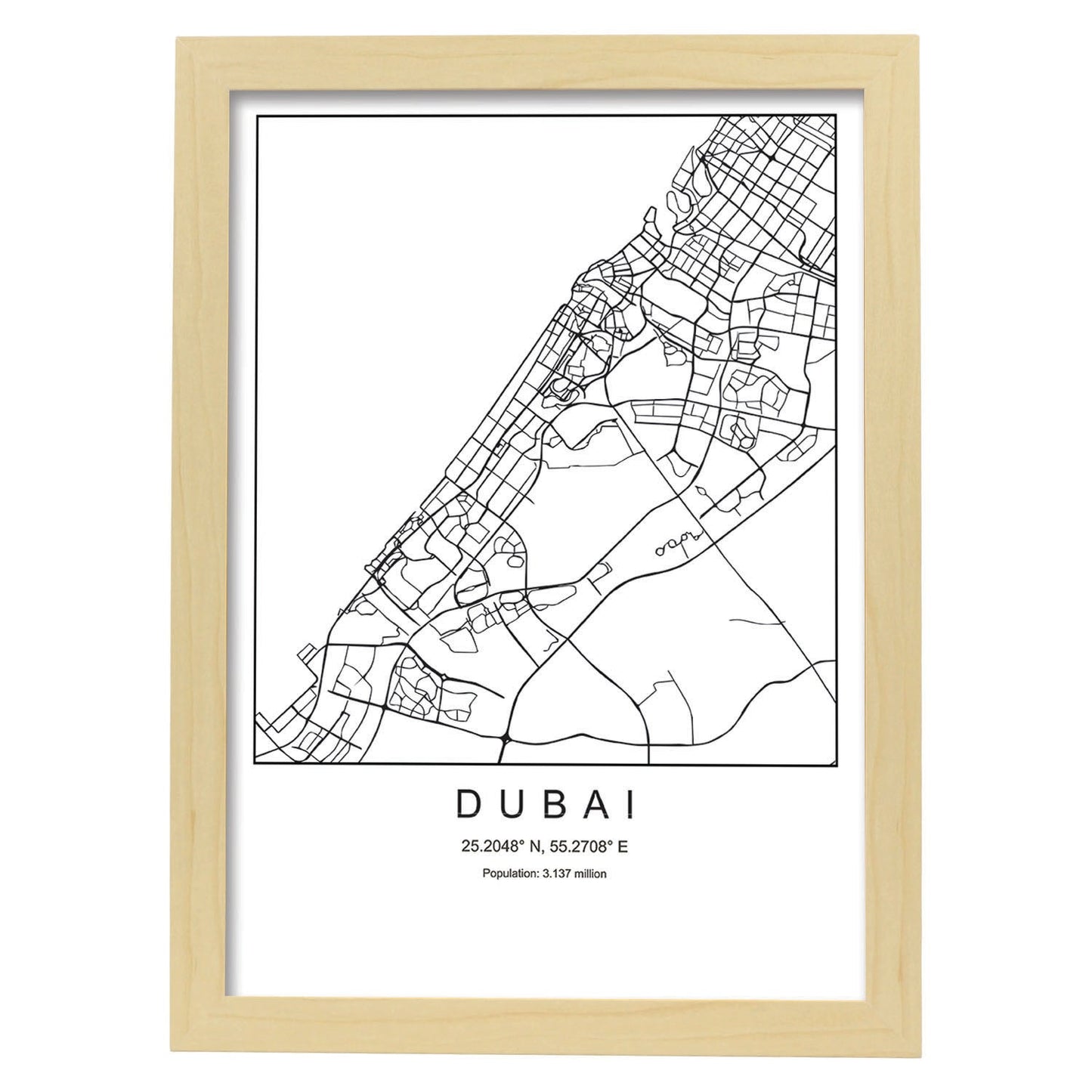 Lámina mapa de la ciudad Dubai estilo nordico en blanco y negro.-Artwork-Nacnic-A3-Marco Madera clara-Nacnic Estudio SL