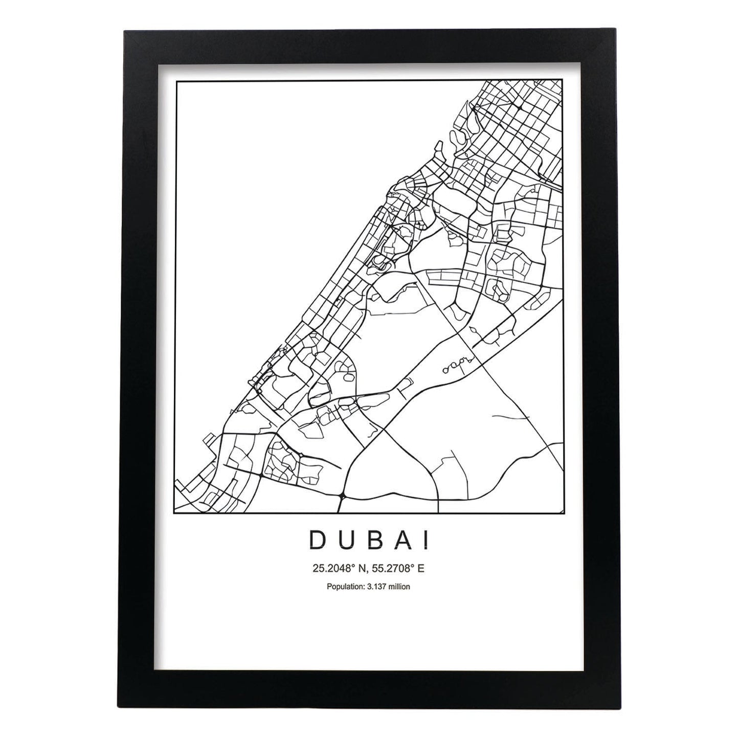 Lámina mapa de la ciudad Dubai estilo nordico en blanco y negro.-Artwork-Nacnic-A3-Marco Negro-Nacnic Estudio SL