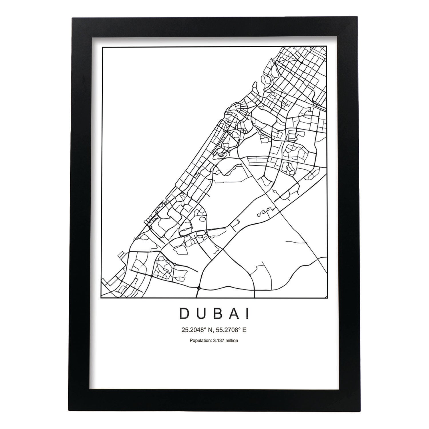 Lámina mapa de la ciudad Dubai estilo nordico en blanco y negro.-Artwork-Nacnic-A4-Marco Negro-Nacnic Estudio SL