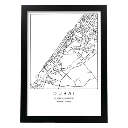 Lámina mapa de la ciudad Dubai estilo nordico en blanco y negro.-Artwork-Nacnic-A4-Marco Negro-Nacnic Estudio SL