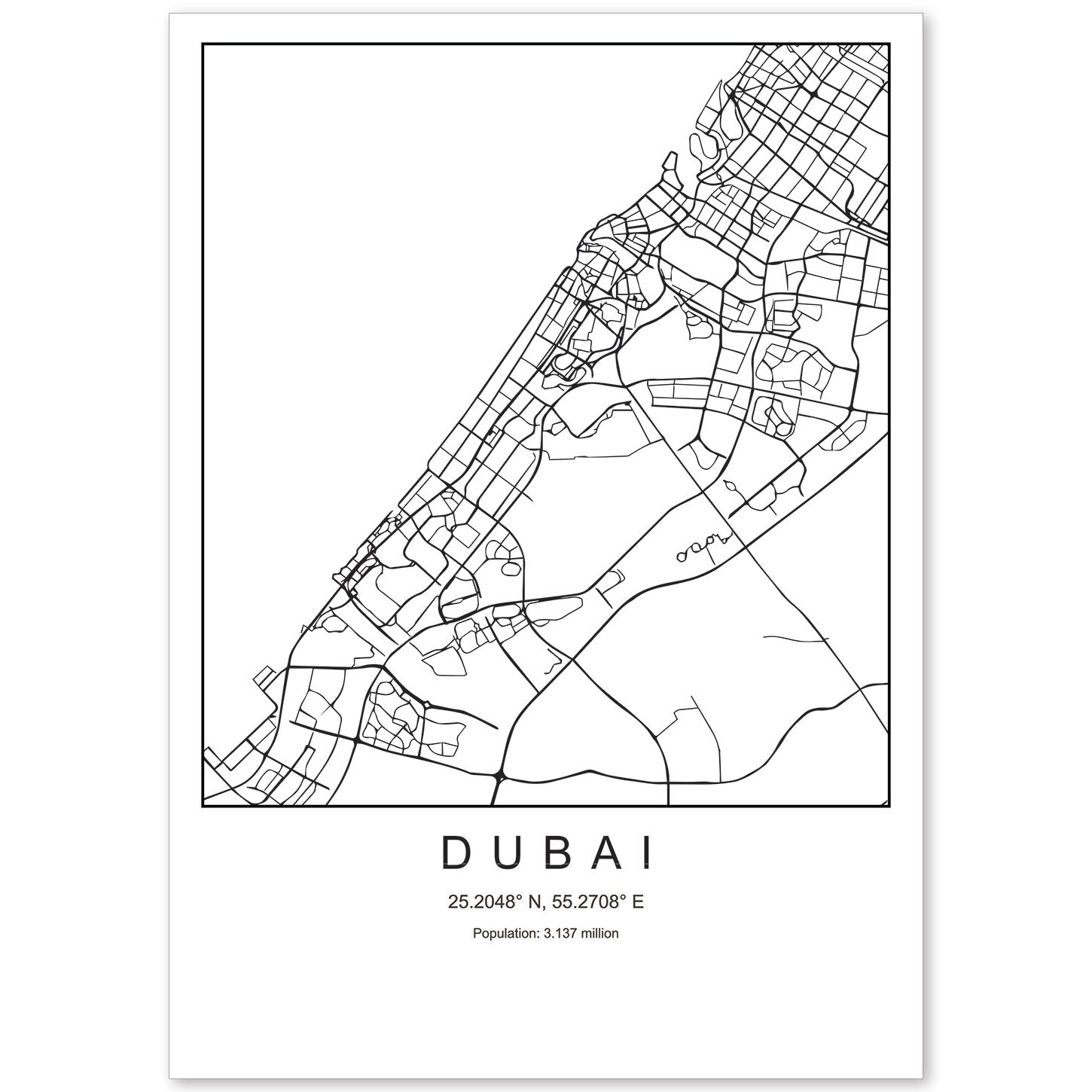 Lámina mapa de la ciudad Dubai estilo nordico en blanco y negro.-Artwork-Nacnic-A4-Sin marco-Nacnic Estudio SL