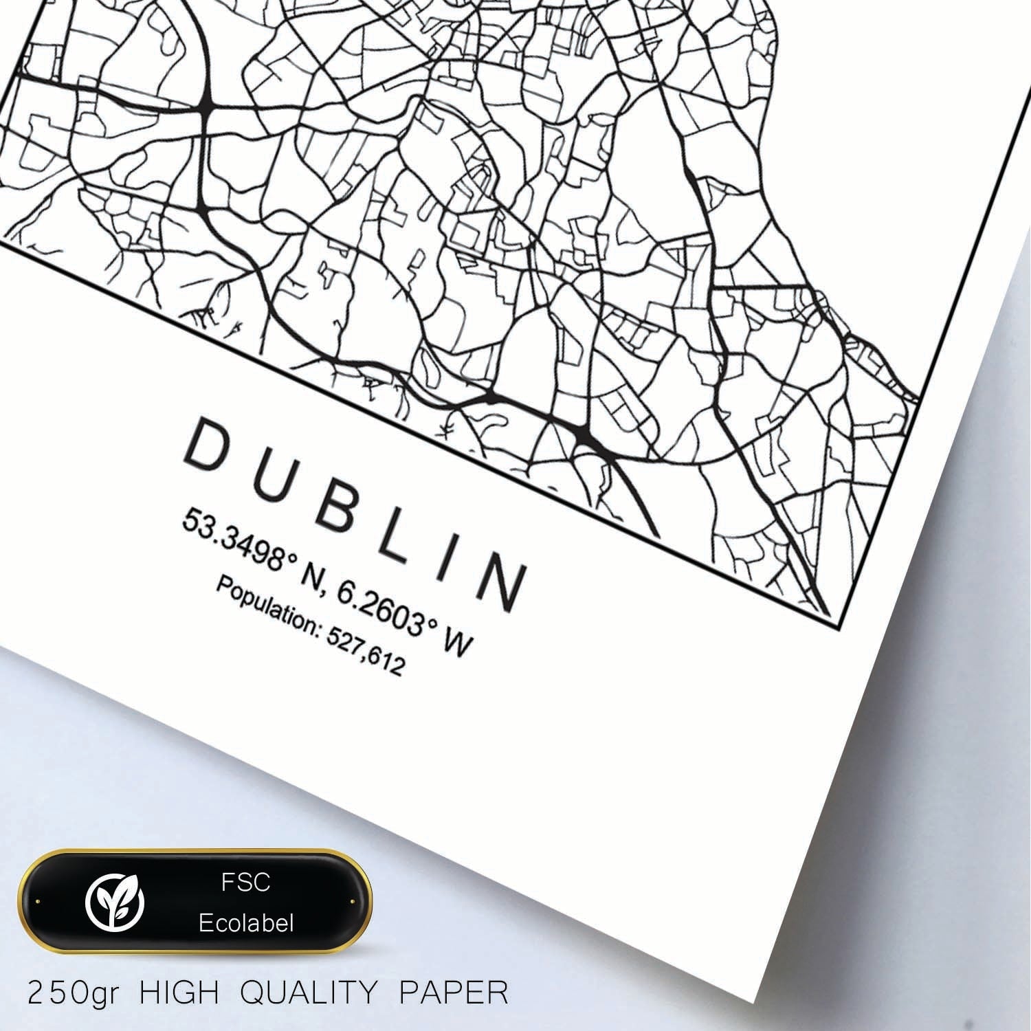 Lámina mapa de la ciudad Dublin estilo nordico en blanco y negro.-Artwork-Nacnic-Nacnic Estudio SL