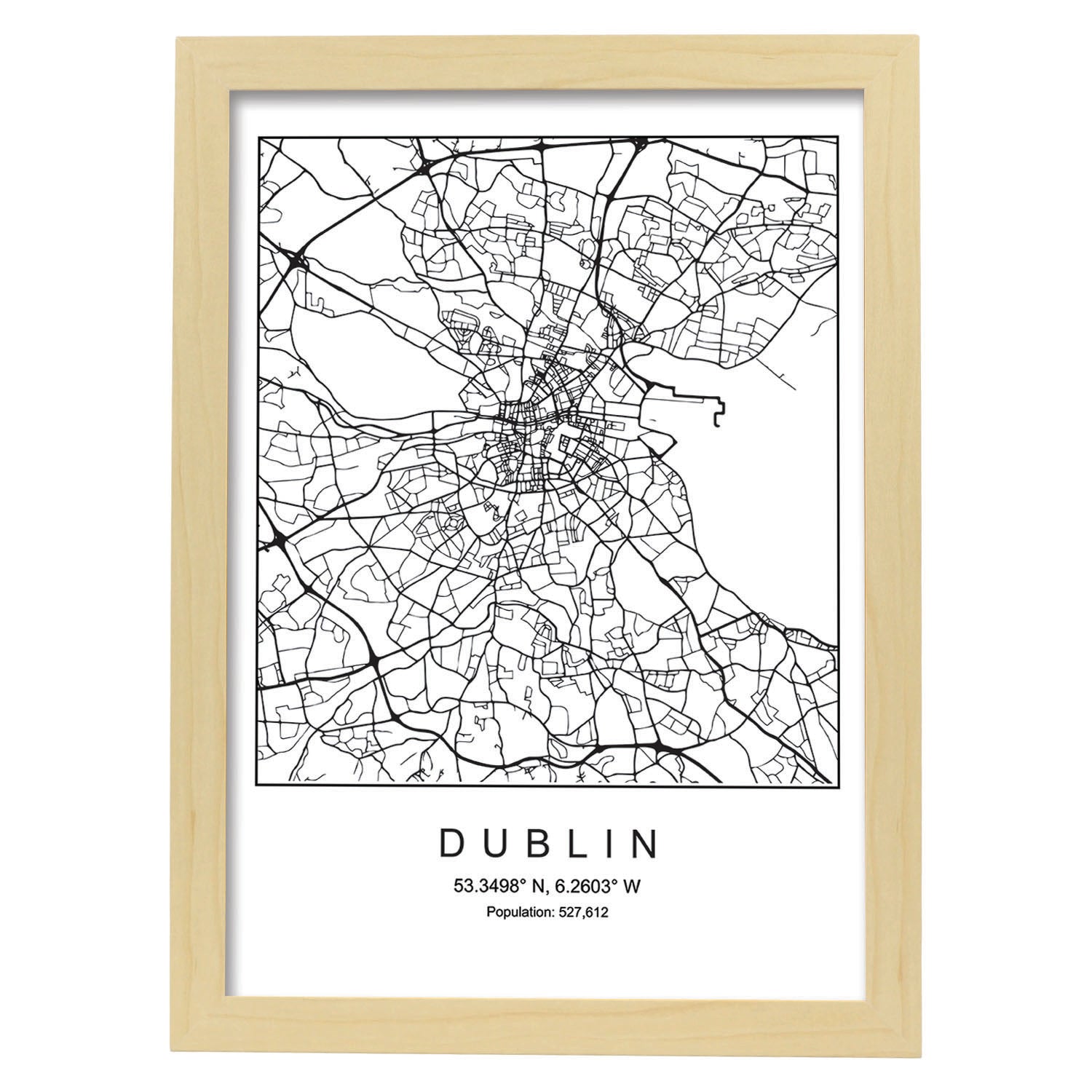 Lámina mapa de la ciudad Dublin estilo nordico en blanco y negro.-Artwork-Nacnic-A3-Marco Madera clara-Nacnic Estudio SL