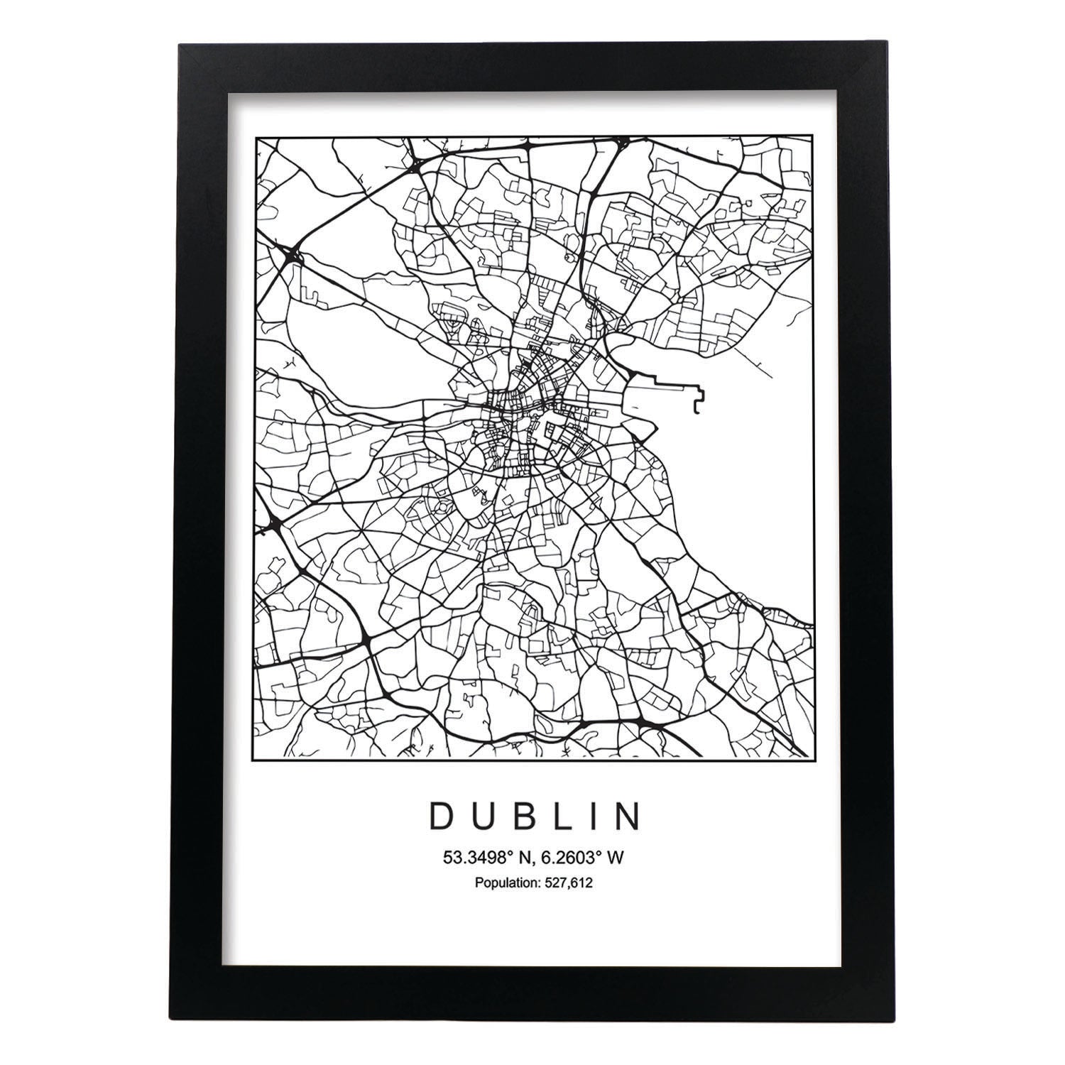 Lámina mapa de la ciudad Dublin estilo nordico en blanco y negro.-Artwork-Nacnic-A3-Marco Negro-Nacnic Estudio SL