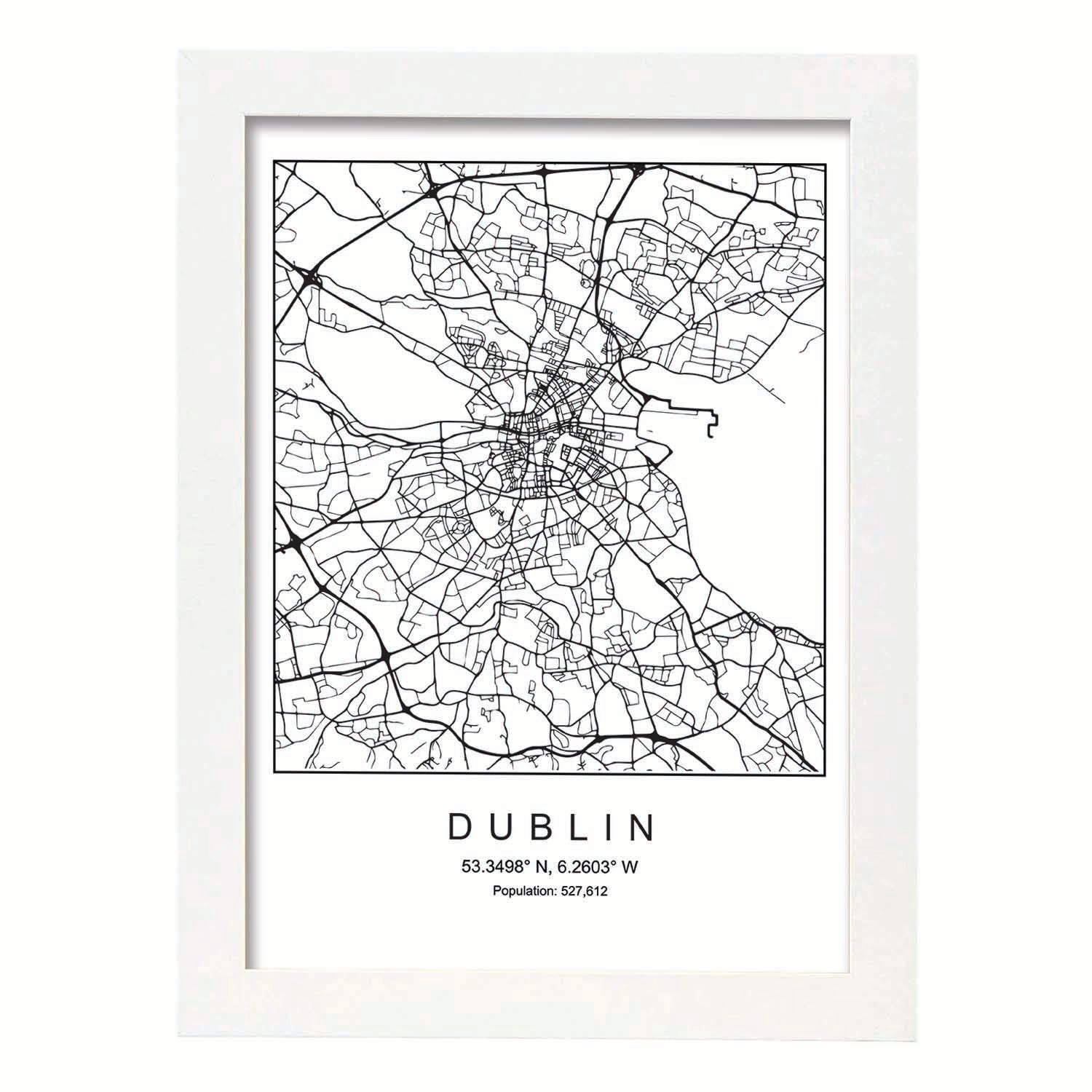 Lámina mapa de la ciudad Dublin estilo nordico en blanco y negro.-Artwork-Nacnic-A4-Marco Blanco-Nacnic Estudio SL