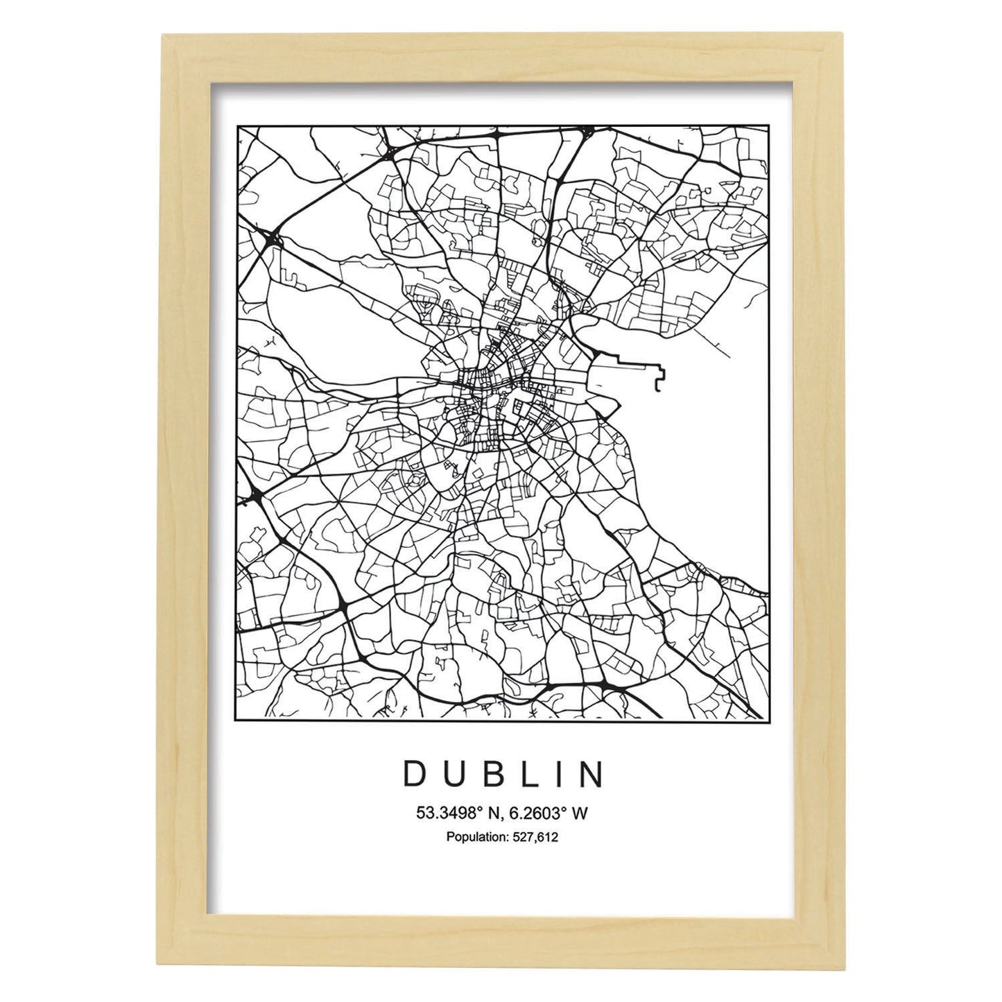 Lámina mapa de la ciudad Dublin estilo nordico en blanco y negro.-Artwork-Nacnic-A4-Marco Madera clara-Nacnic Estudio SL