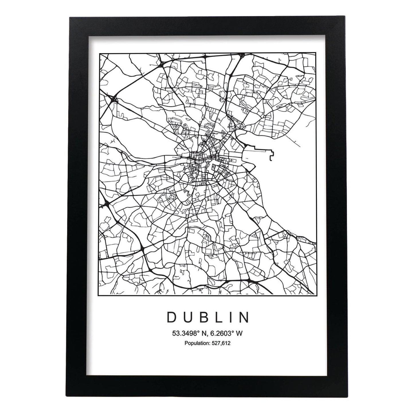 Lámina mapa de la ciudad Dublin estilo nordico en blanco y negro.-Artwork-Nacnic-A4-Marco Negro-Nacnic Estudio SL
