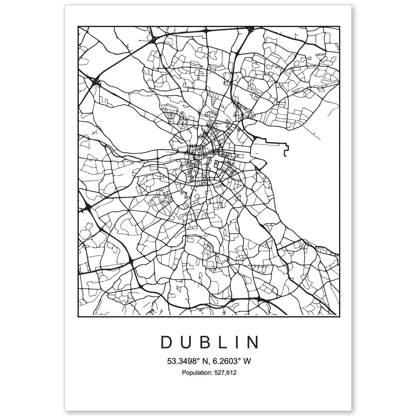 Lámina mapa de la ciudad Dublin estilo nordico en blanco y negro.-Artwork-Nacnic-A4-Sin marco-Nacnic Estudio SL