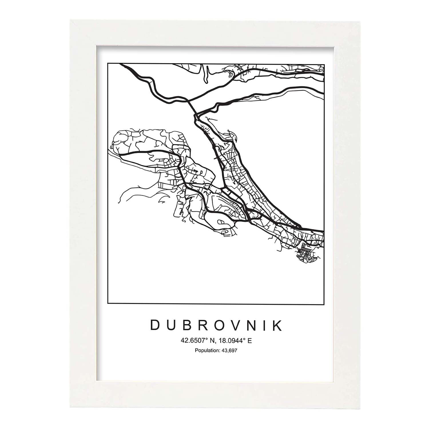 Lámina mapa de la ciudad Dubrovnik estilo nordico en blanco y negro.-Artwork-Nacnic-A3-Marco Blanco-Nacnic Estudio SL