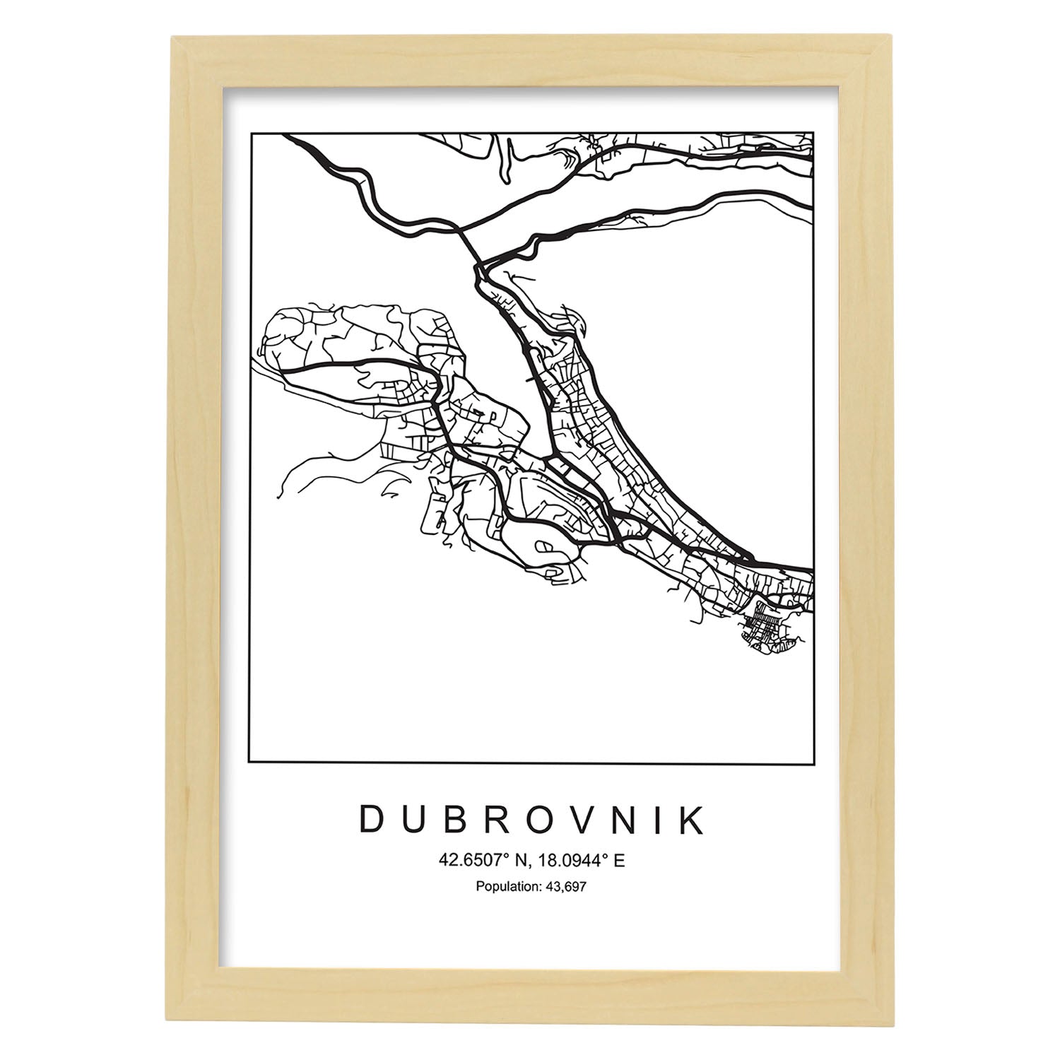 Lámina mapa de la ciudad Dubrovnik estilo nordico en blanco y negro.-Artwork-Nacnic-A3-Marco Madera clara-Nacnic Estudio SL