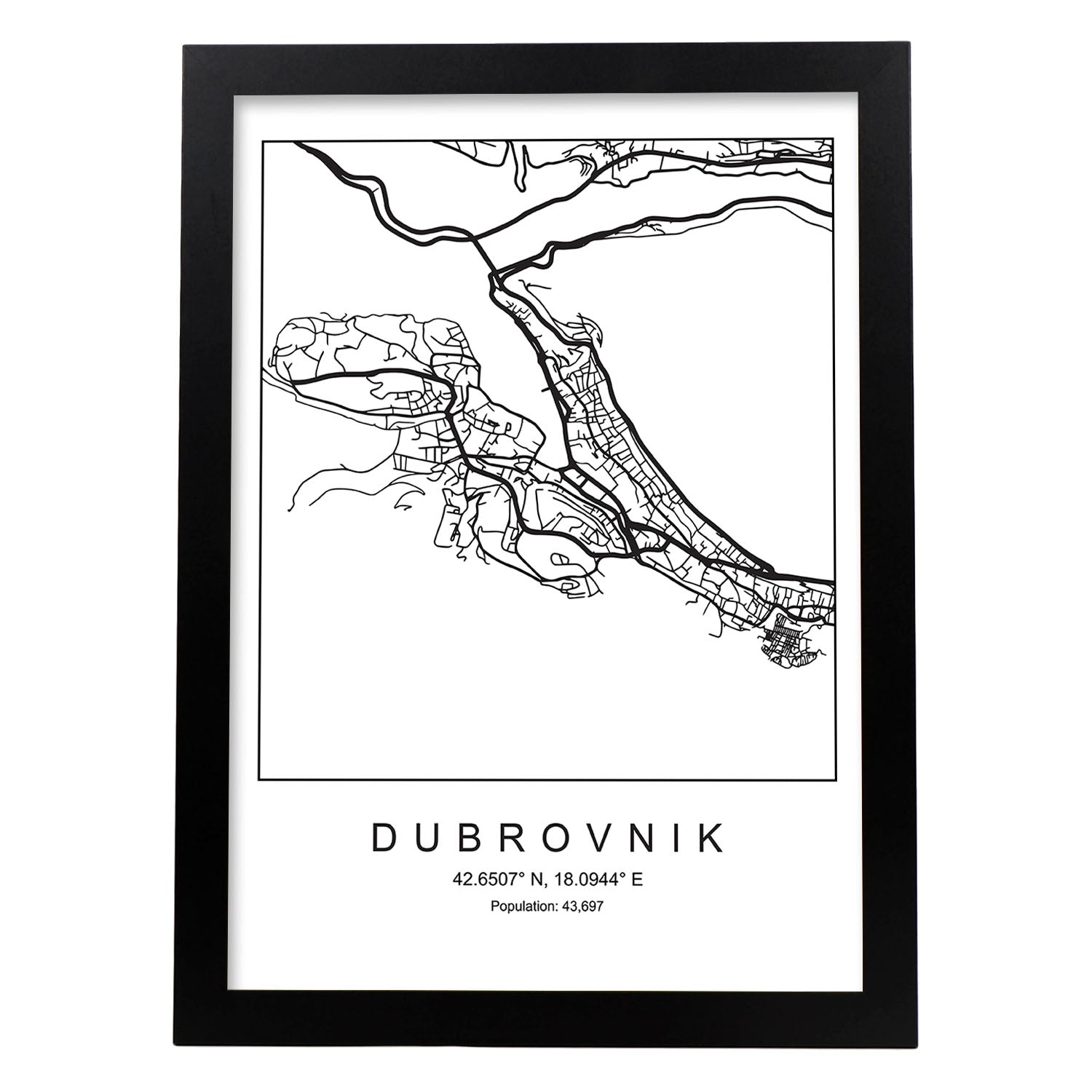 Lámina mapa de la ciudad Dubrovnik estilo nordico en blanco y negro.-Artwork-Nacnic-A3-Marco Negro-Nacnic Estudio SL