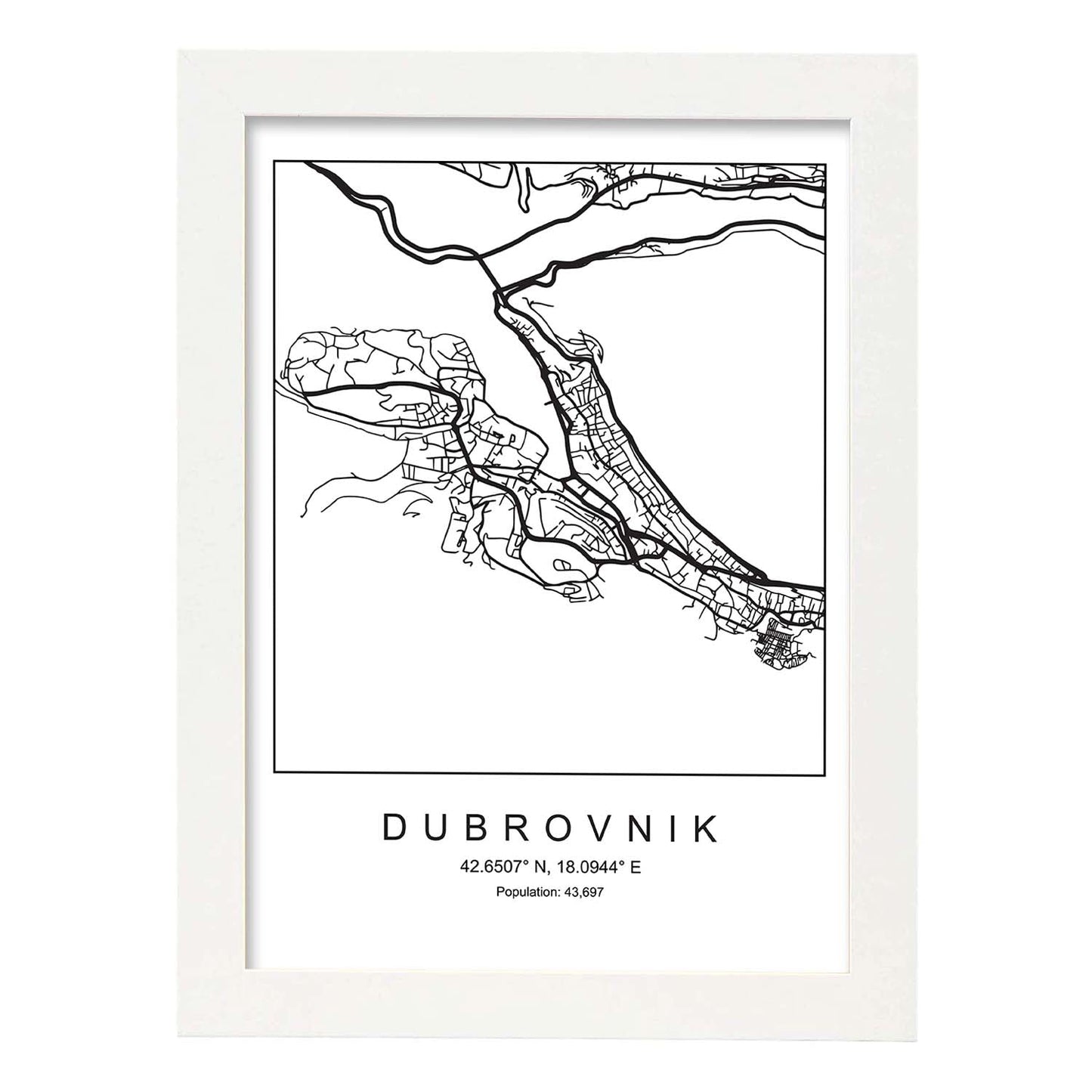 Lámina mapa de la ciudad Dubrovnik estilo nordico en blanco y negro.-Artwork-Nacnic-A4-Marco Blanco-Nacnic Estudio SL