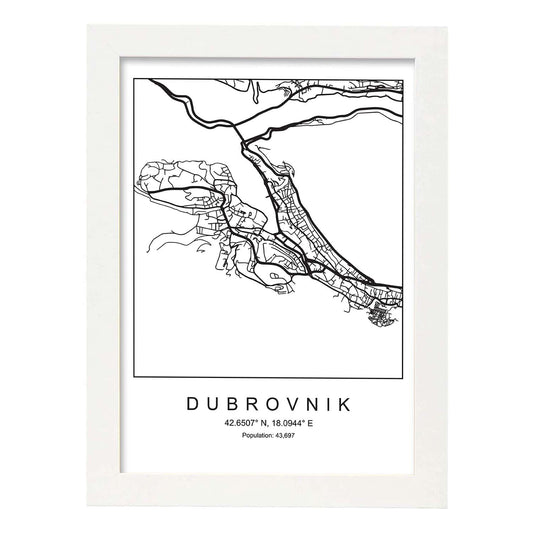 Lámina mapa de la ciudad Dubrovnik estilo nordico en blanco y negro.-Artwork-Nacnic-A4-Marco Blanco-Nacnic Estudio SL