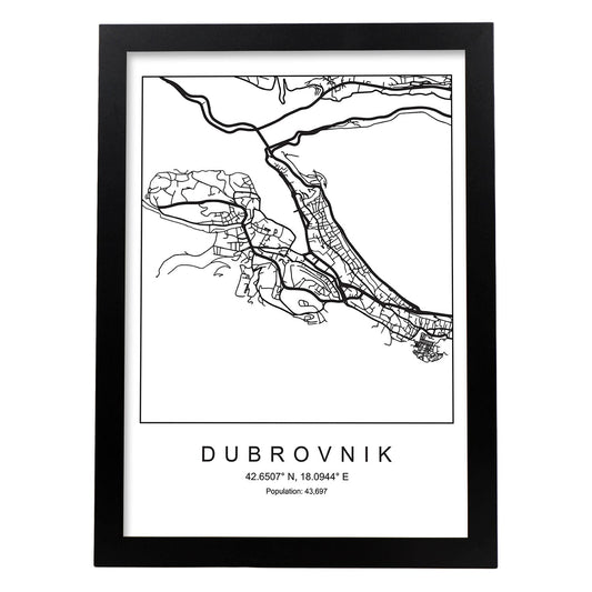 Lámina mapa de la ciudad Dubrovnik estilo nordico en blanco y negro.-Artwork-Nacnic-A4-Marco Negro-Nacnic Estudio SL