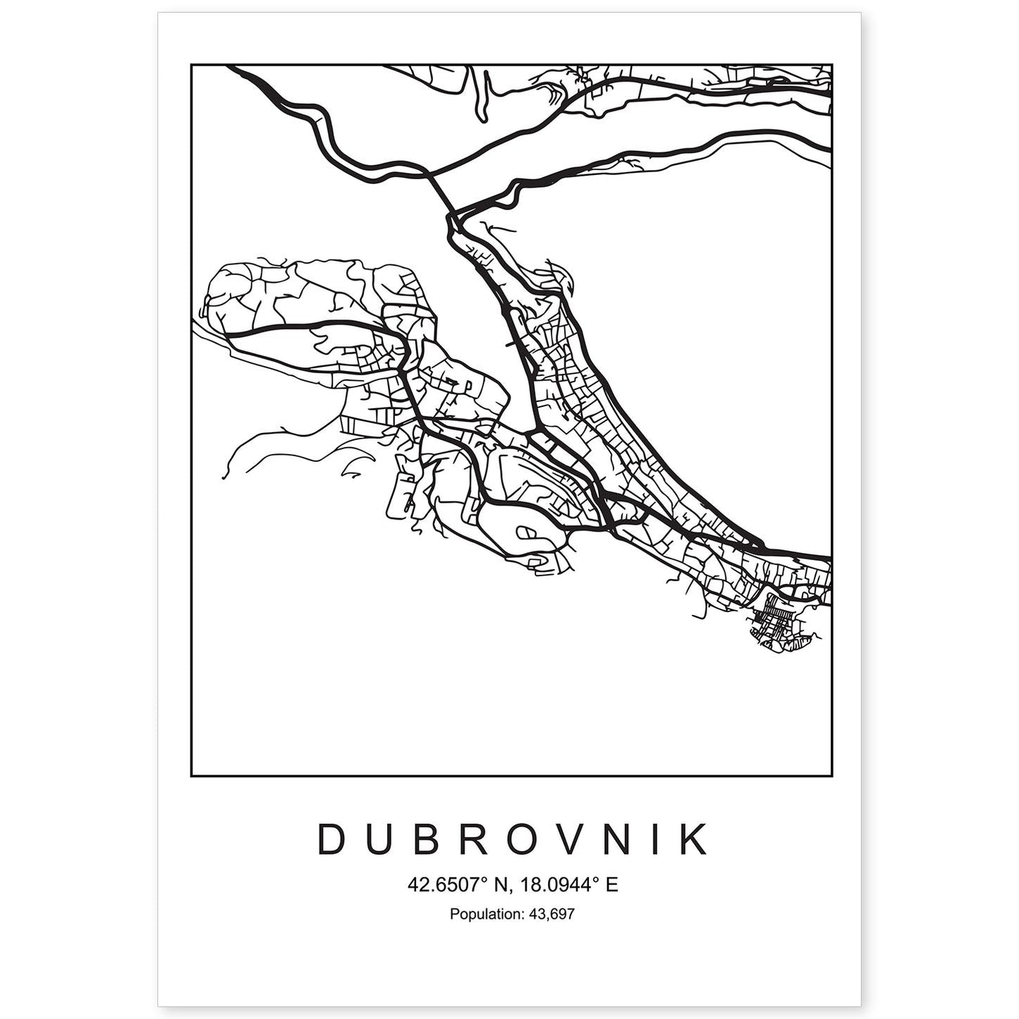 Lámina mapa de la ciudad Dubrovnik estilo nordico en blanco y negro.-Artwork-Nacnic-A4-Sin marco-Nacnic Estudio SL