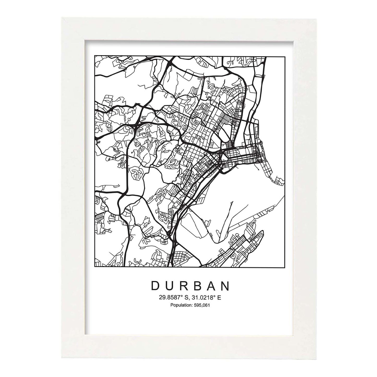 Lámina mapa de la ciudad Durban estilo nordico en blanco y negro.-Artwork-Nacnic-A3-Marco Blanco-Nacnic Estudio SL