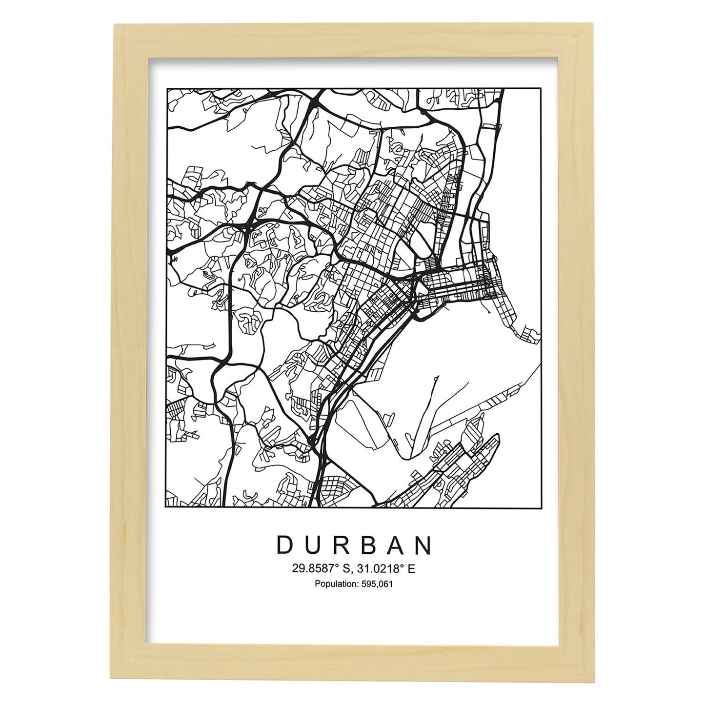 Lámina mapa de la ciudad Durban estilo nordico en blanco y negro.-Artwork-Nacnic-A3-Marco Madera clara-Nacnic Estudio SL