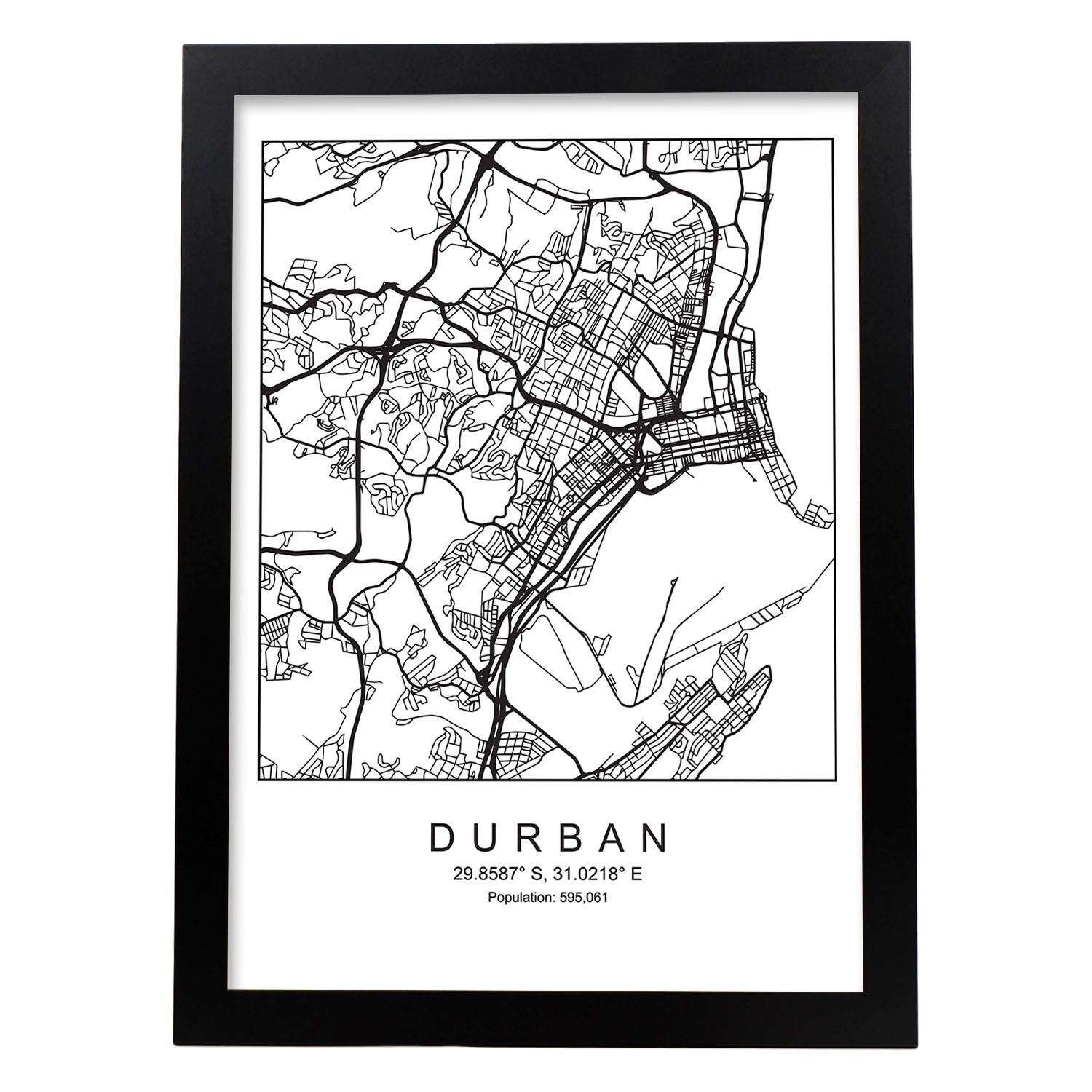 Lámina mapa de la ciudad Durban estilo nordico en blanco y negro.-Artwork-Nacnic-A3-Marco Negro-Nacnic Estudio SL