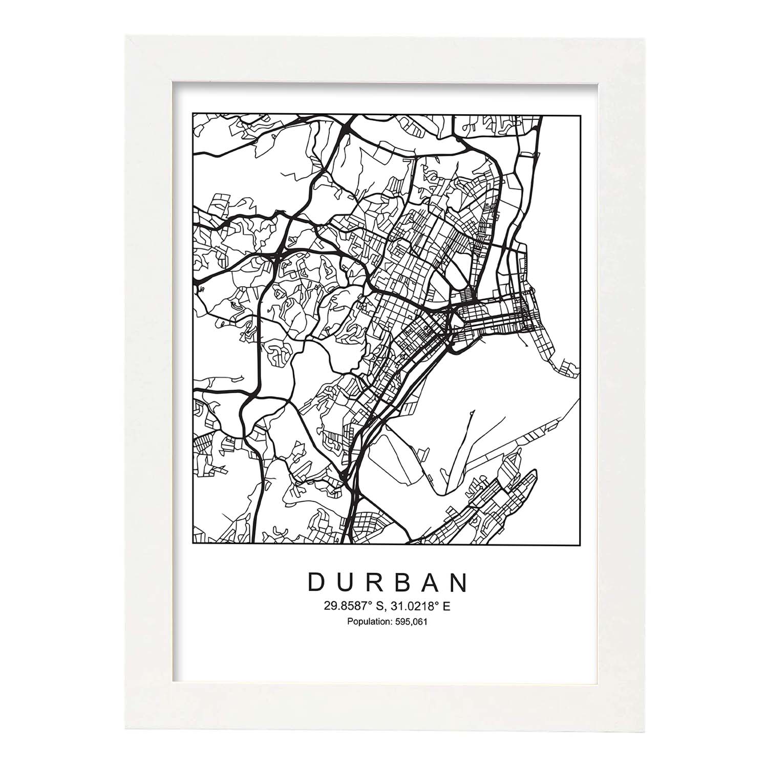 Lámina mapa de la ciudad Durban estilo nordico en blanco y negro.-Artwork-Nacnic-A4-Marco Blanco-Nacnic Estudio SL