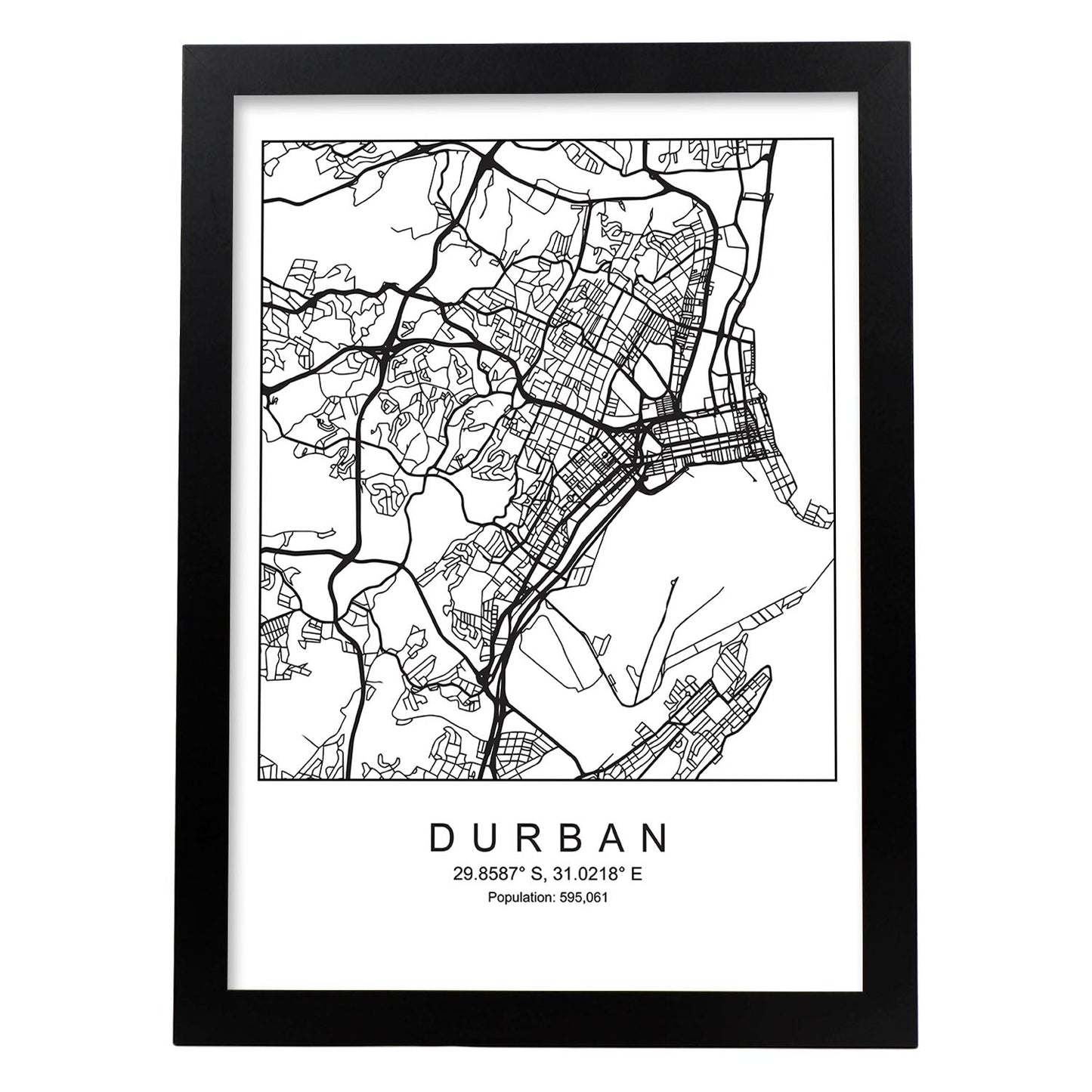 Lámina mapa de la ciudad Durban estilo nordico en blanco y negro.-Artwork-Nacnic-A4-Marco Negro-Nacnic Estudio SL