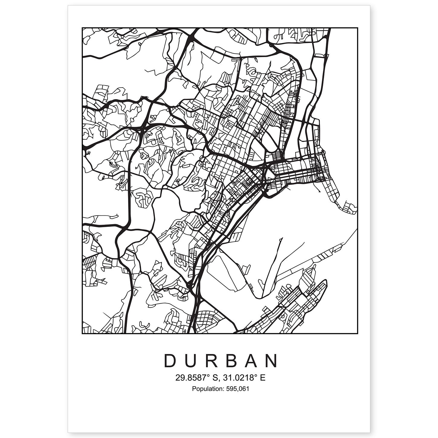 Lámina mapa de la ciudad Durban estilo nordico en blanco y negro.-Artwork-Nacnic-A4-Sin marco-Nacnic Estudio SL