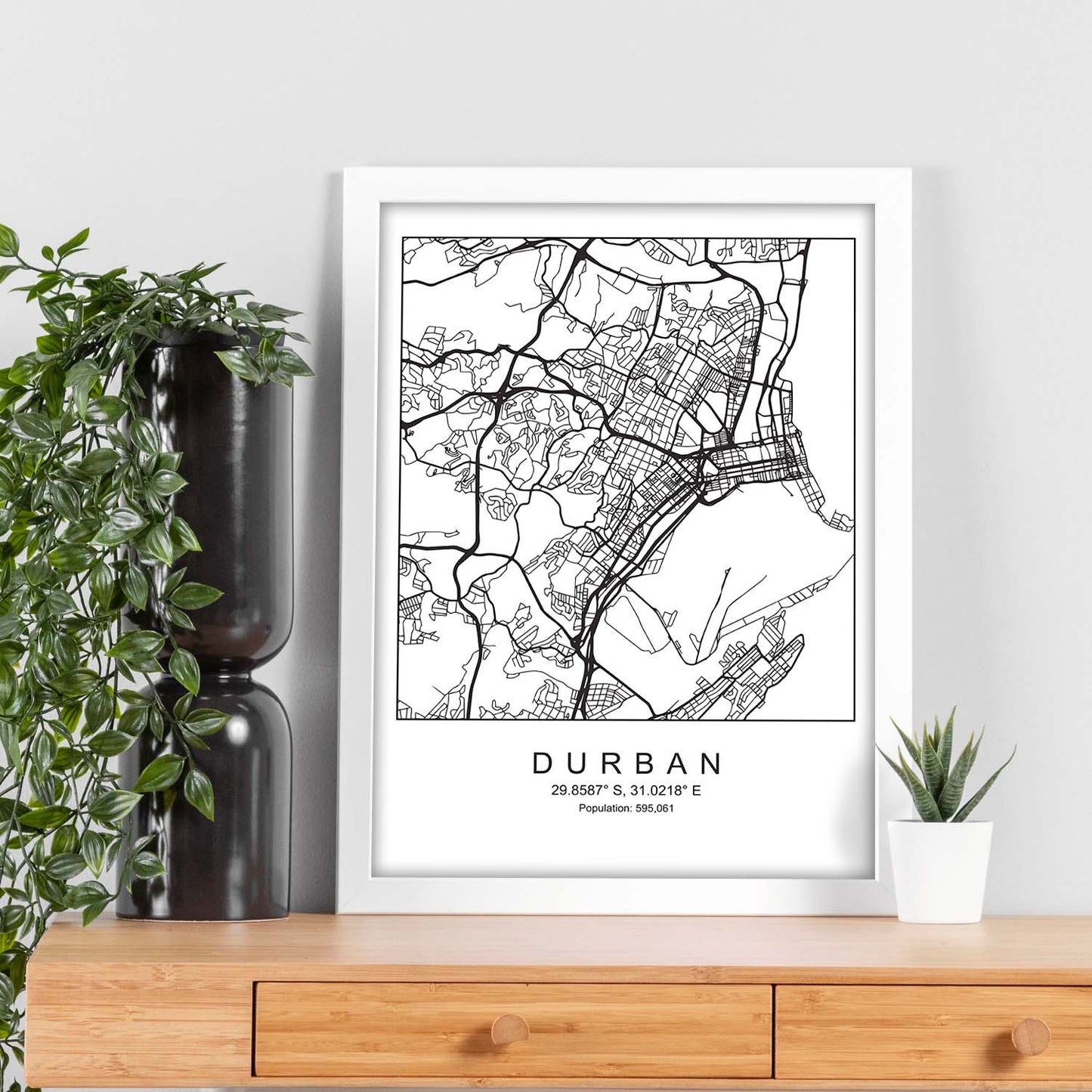 Lámina mapa de la ciudad Durban estilo nordico en blanco y negro.-Artwork-Nacnic-Nacnic Estudio SL