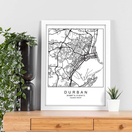Lámina mapa de la ciudad Durban estilo nordico en blanco y negro.-Artwork-Nacnic-Nacnic Estudio SL