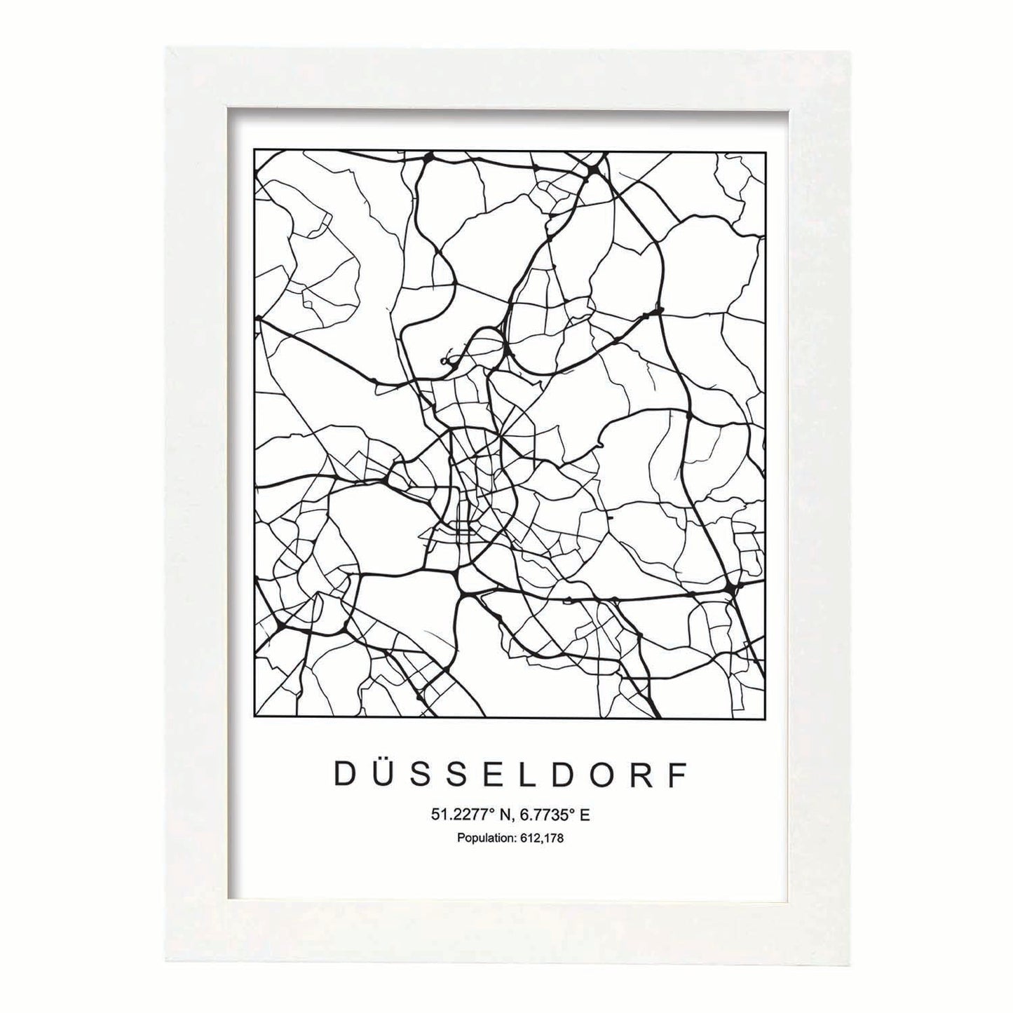 Lámina mapa de la ciudad Dusseldorf estilo nordico en blanco y negro.-Artwork-Nacnic-A3-Marco Blanco-Nacnic Estudio SL