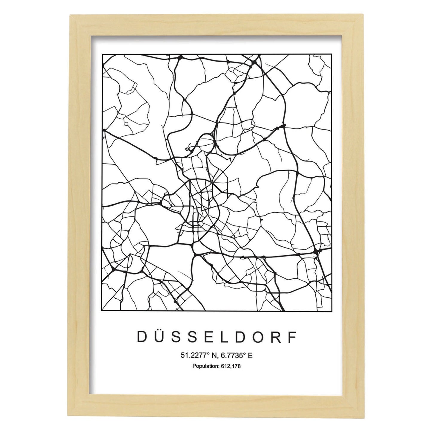 Lámina mapa de la ciudad Dusseldorf estilo nordico en blanco y negro.-Artwork-Nacnic-A3-Marco Madera clara-Nacnic Estudio SL