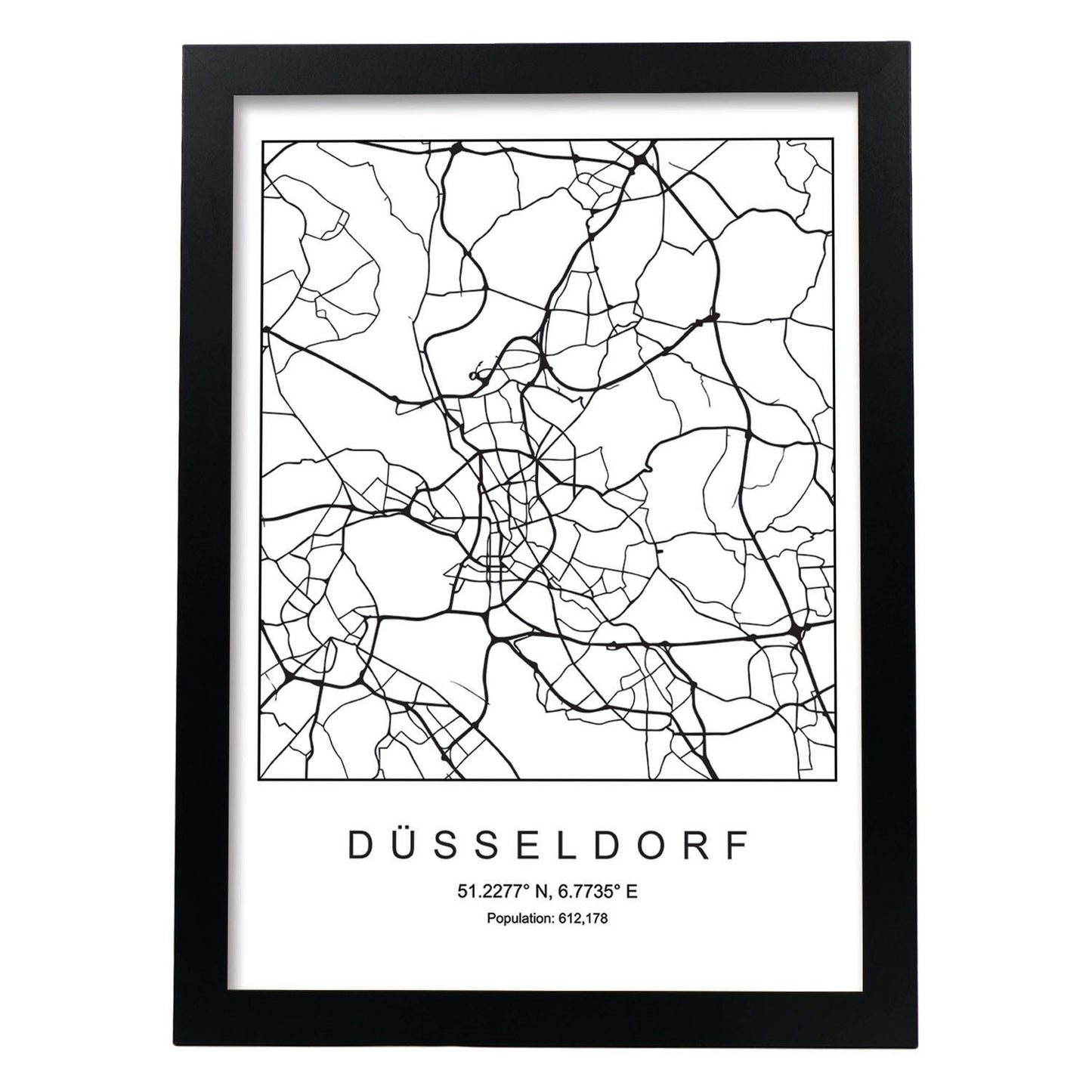 Lámina mapa de la ciudad Dusseldorf estilo nordico en blanco y negro.-Artwork-Nacnic-A3-Marco Negro-Nacnic Estudio SL