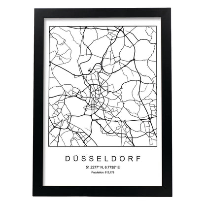 Lámina mapa de la ciudad Dusseldorf estilo nordico en blanco y negro.-Artwork-Nacnic-A4-Marco Negro-Nacnic Estudio SL
