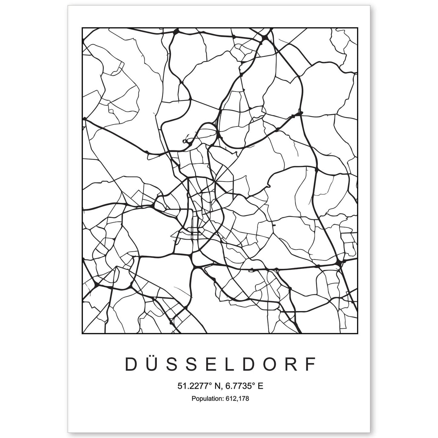 Lámina mapa de la ciudad Dusseldorf estilo nordico en blanco y negro.-Artwork-Nacnic-A4-Sin marco-Nacnic Estudio SL