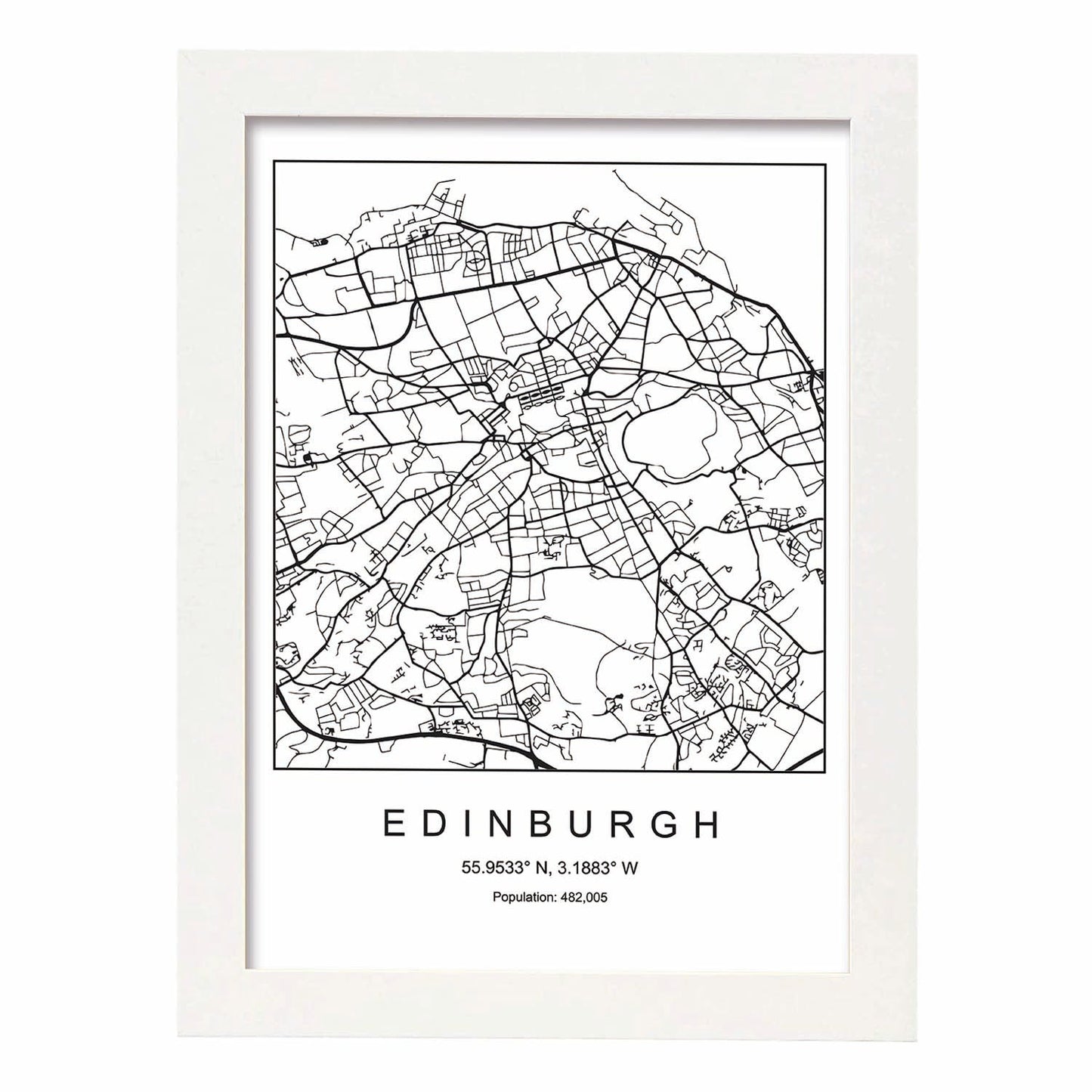 Lámina mapa de la ciudad Edinburgh estilo nordico en blanco y negro.-Artwork-Nacnic-A3-Marco Blanco-Nacnic Estudio SL