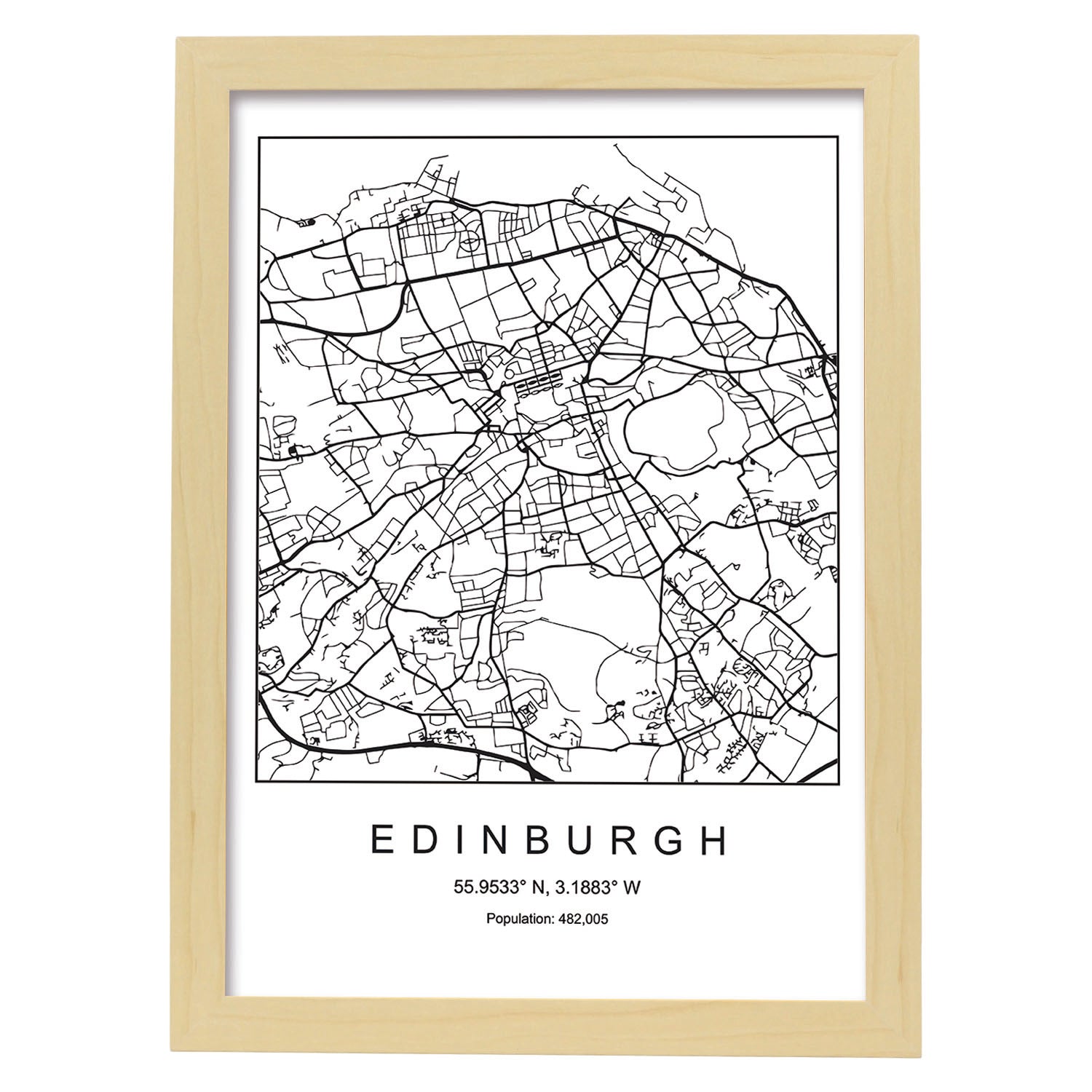 Lámina mapa de la ciudad Edinburgh estilo nordico en blanco y negro.-Artwork-Nacnic-A3-Marco Madera clara-Nacnic Estudio SL