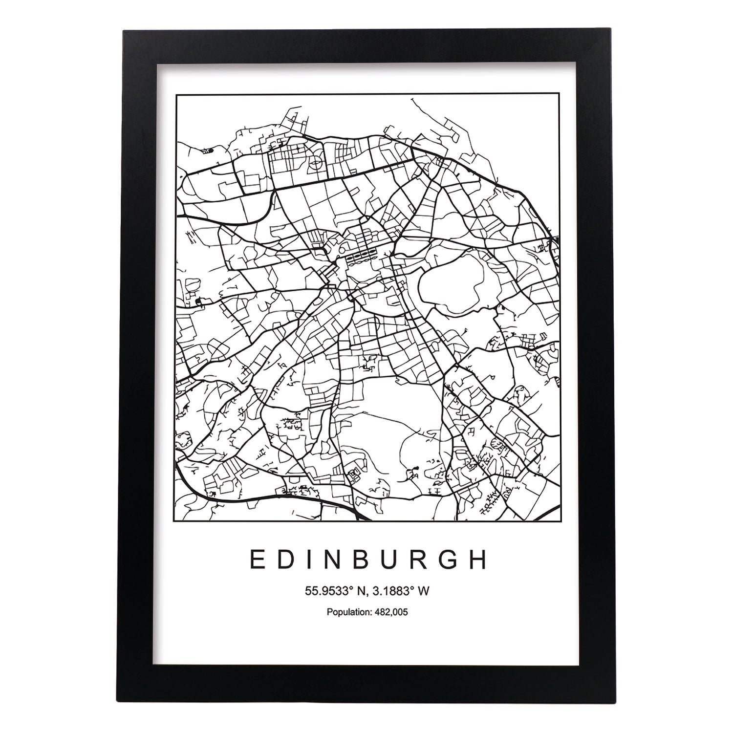 Lámina mapa de la ciudad Edinburgh estilo nordico en blanco y negro.-Artwork-Nacnic-A3-Marco Negro-Nacnic Estudio SL