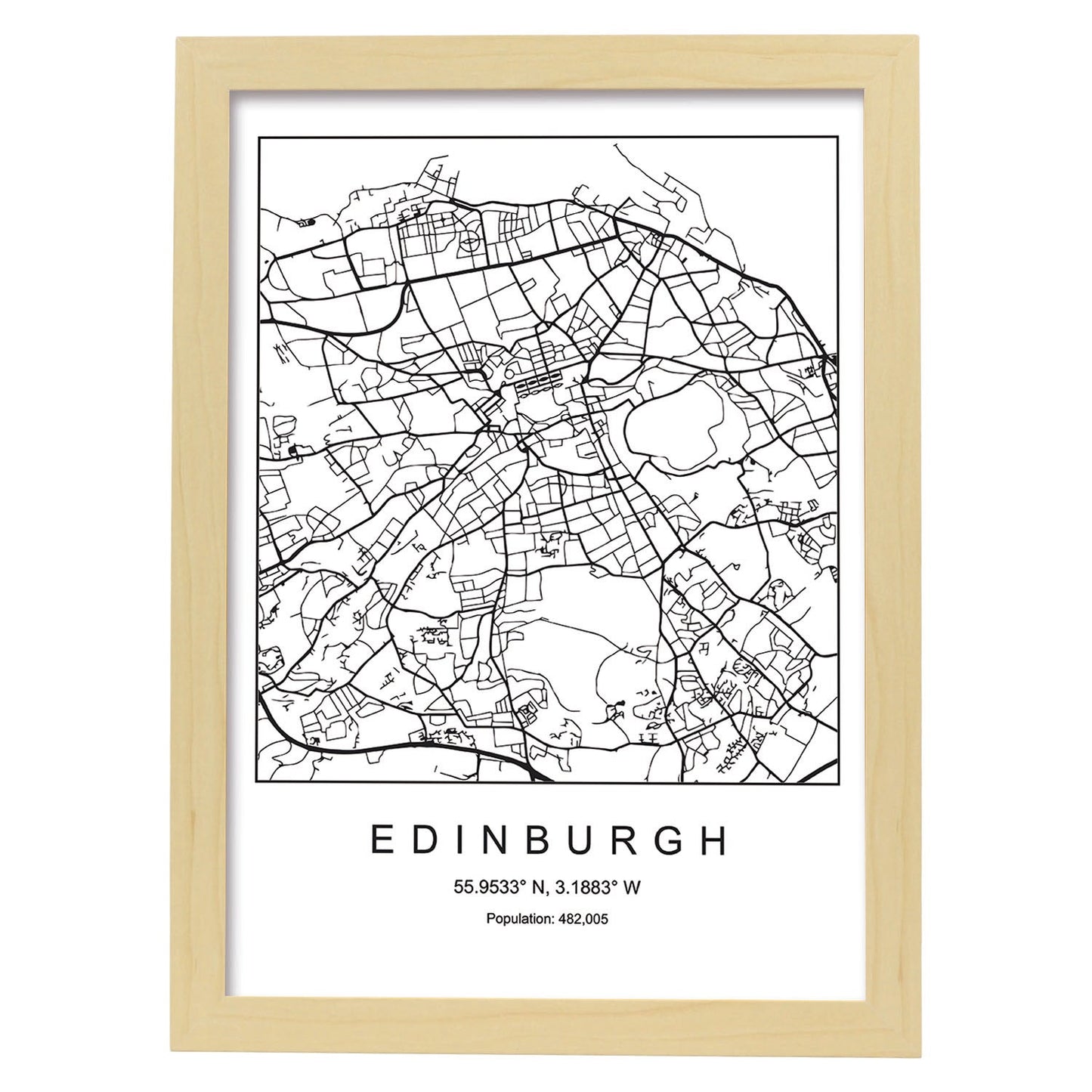 Lámina mapa de la ciudad Edinburgh estilo nordico en blanco y negro.-Artwork-Nacnic-A4-Marco Madera clara-Nacnic Estudio SL