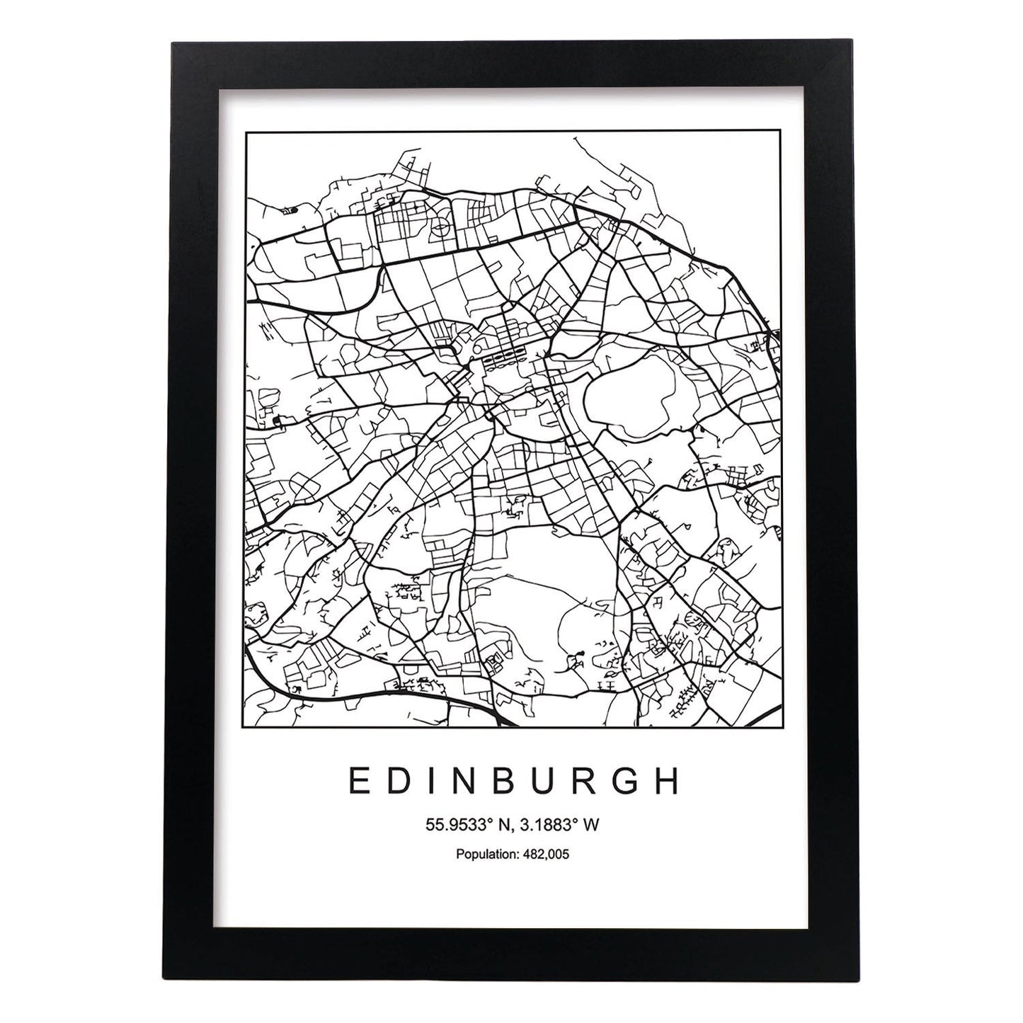 Lámina mapa de la ciudad Edinburgh estilo nordico en blanco y negro.-Artwork-Nacnic-A4-Marco Negro-Nacnic Estudio SL