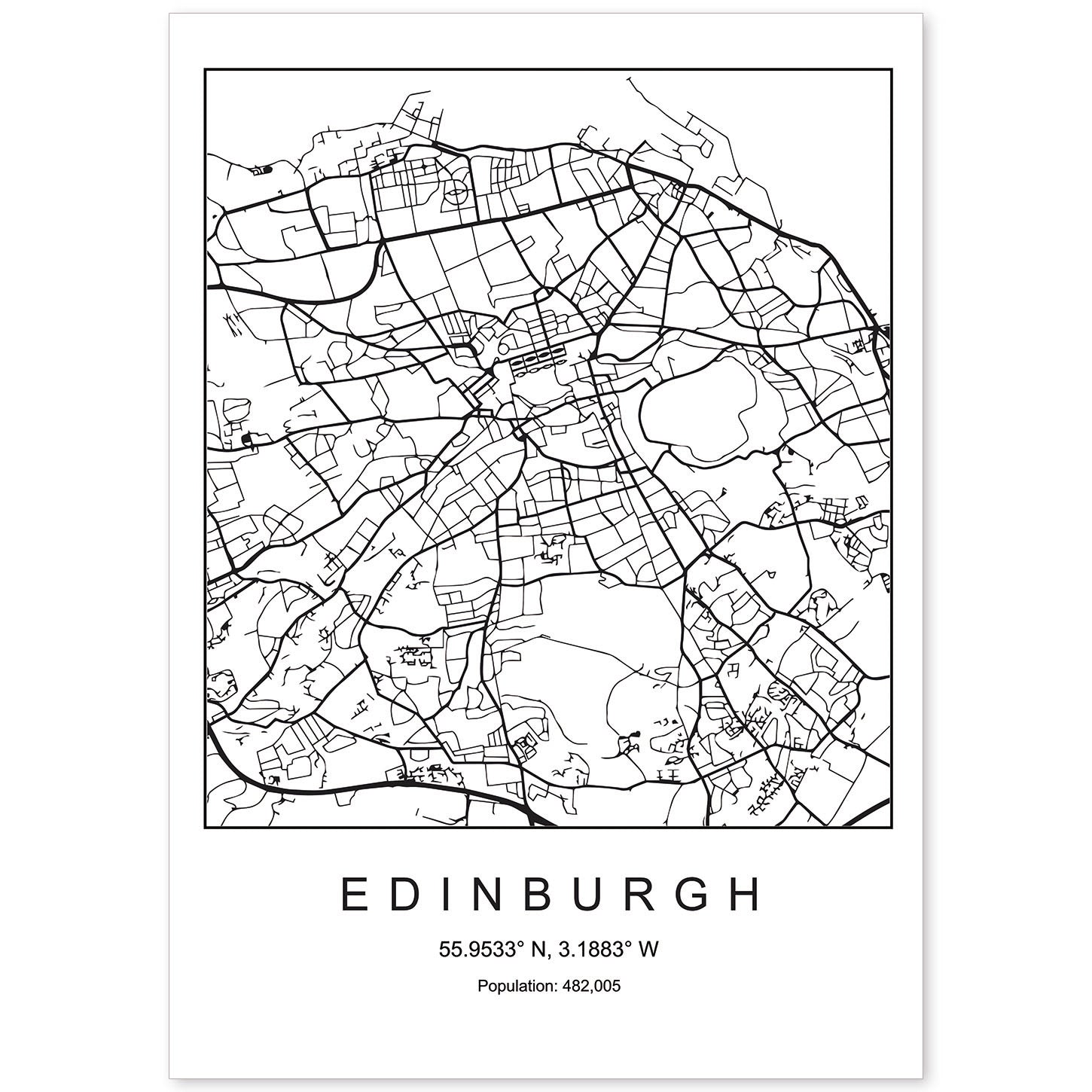 Lámina mapa de la ciudad Edinburgh estilo nordico en blanco y negro.-Artwork-Nacnic-A4-Sin marco-Nacnic Estudio SL