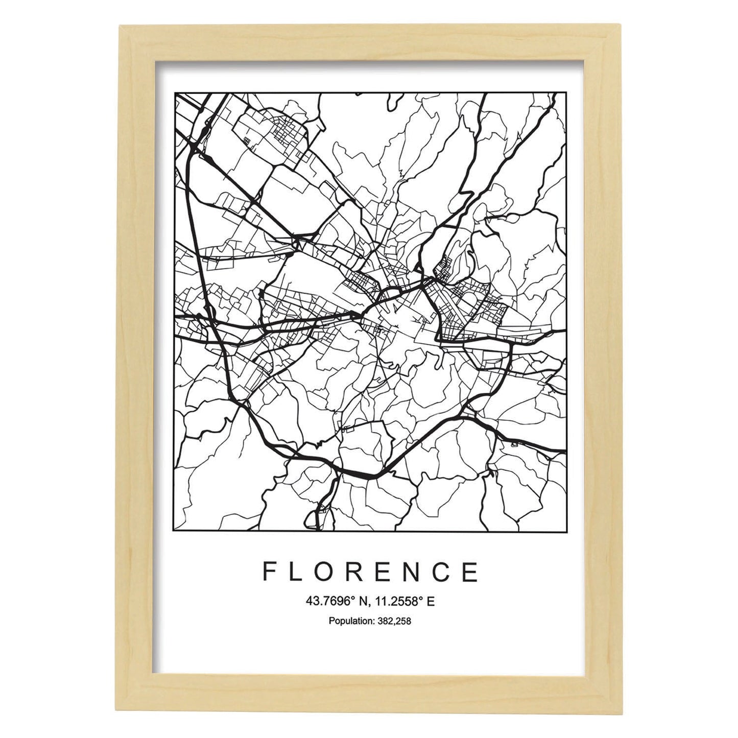 Lámina mapa de la ciudad Florence estilo nordico en blanco y negro.-Artwork-Nacnic-A3-Marco Madera clara-Nacnic Estudio SL