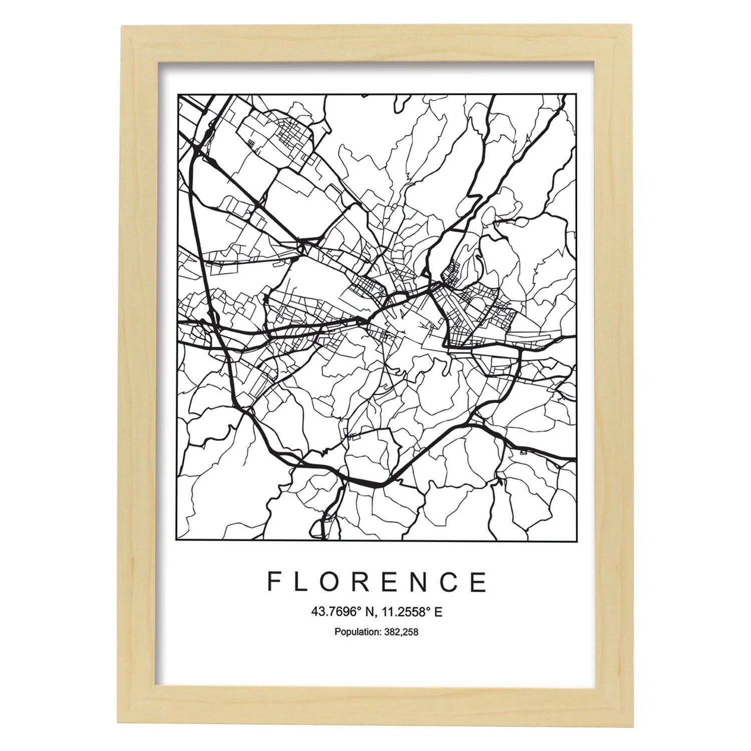 Lámina mapa de la ciudad Florence estilo nordico en blanco y negro.-Artwork-Nacnic-A3-Marco Madera clara-Nacnic Estudio SL