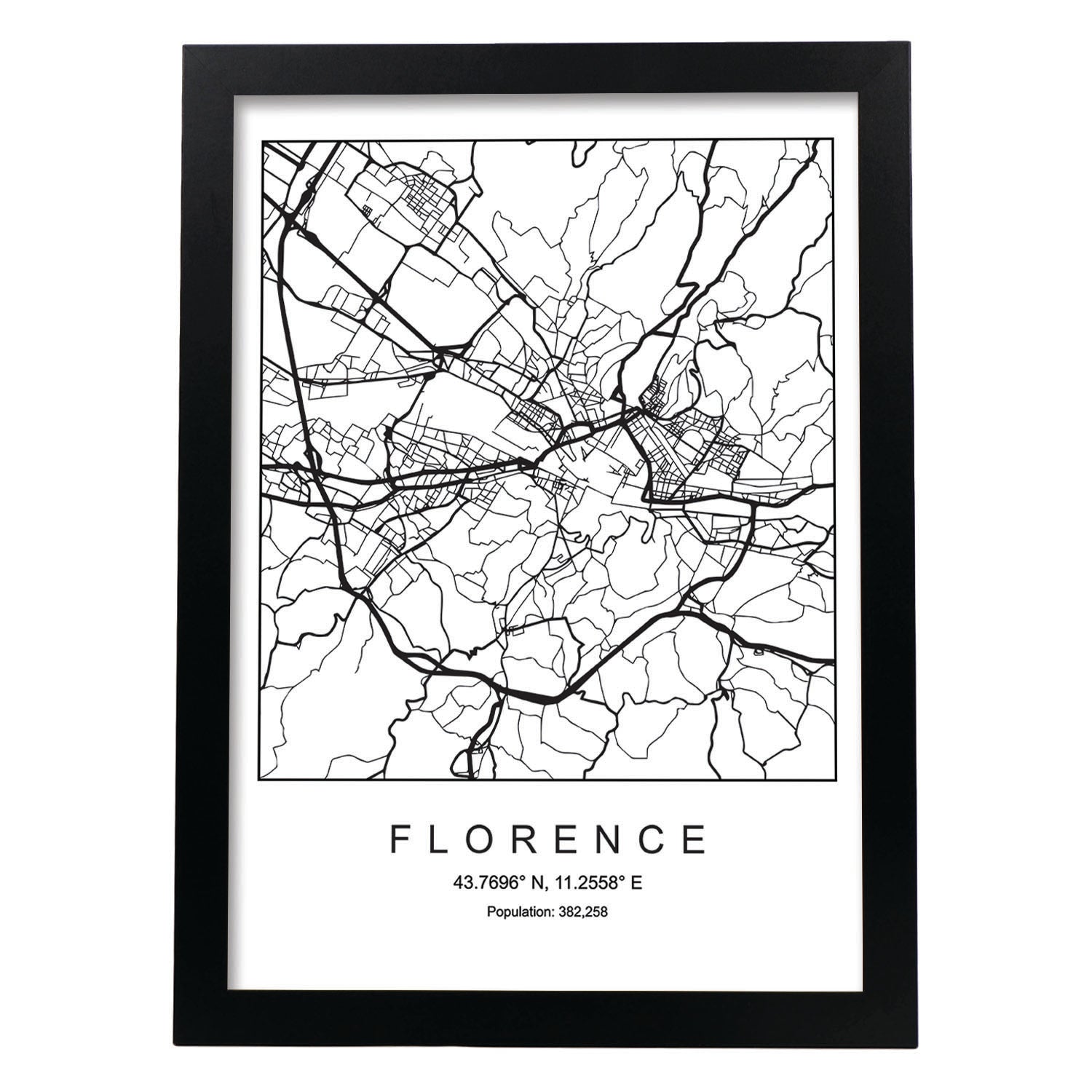 Lámina mapa de la ciudad Florence estilo nordico en blanco y negro.-Artwork-Nacnic-A3-Marco Negro-Nacnic Estudio SL